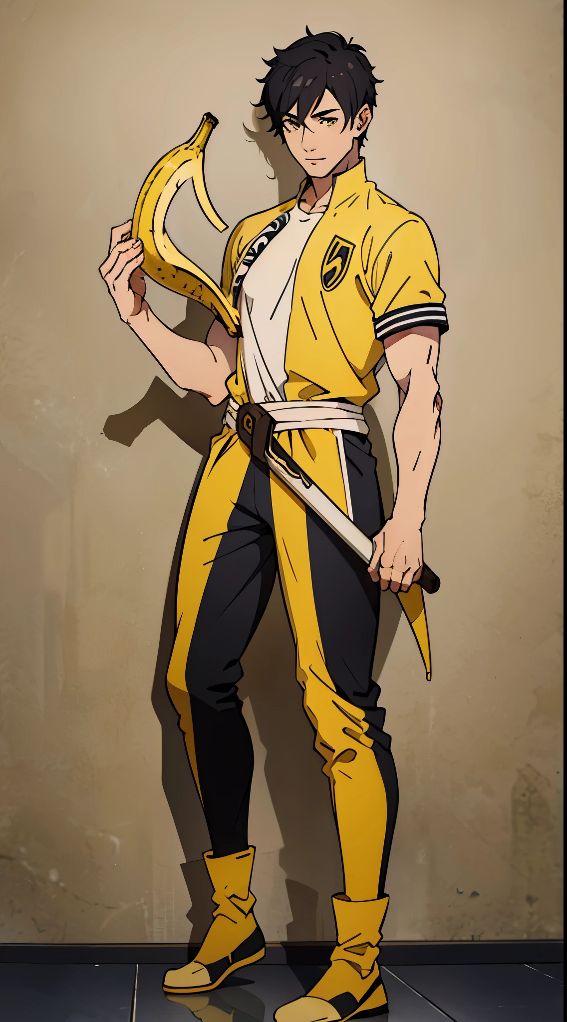 top quality, work, 1 person, solo, full body, gray pants, white shirt, short sleeves, middle part hair, black hair,wearing a banana costume,banana costume, middle part shaved middle banana outfit, school, background banana, light and shadow, lighting,banana,banana costume,hair banana,banana hair,tema banana,banana tema,hair banana.sword banana,tema banana,hair style banana.