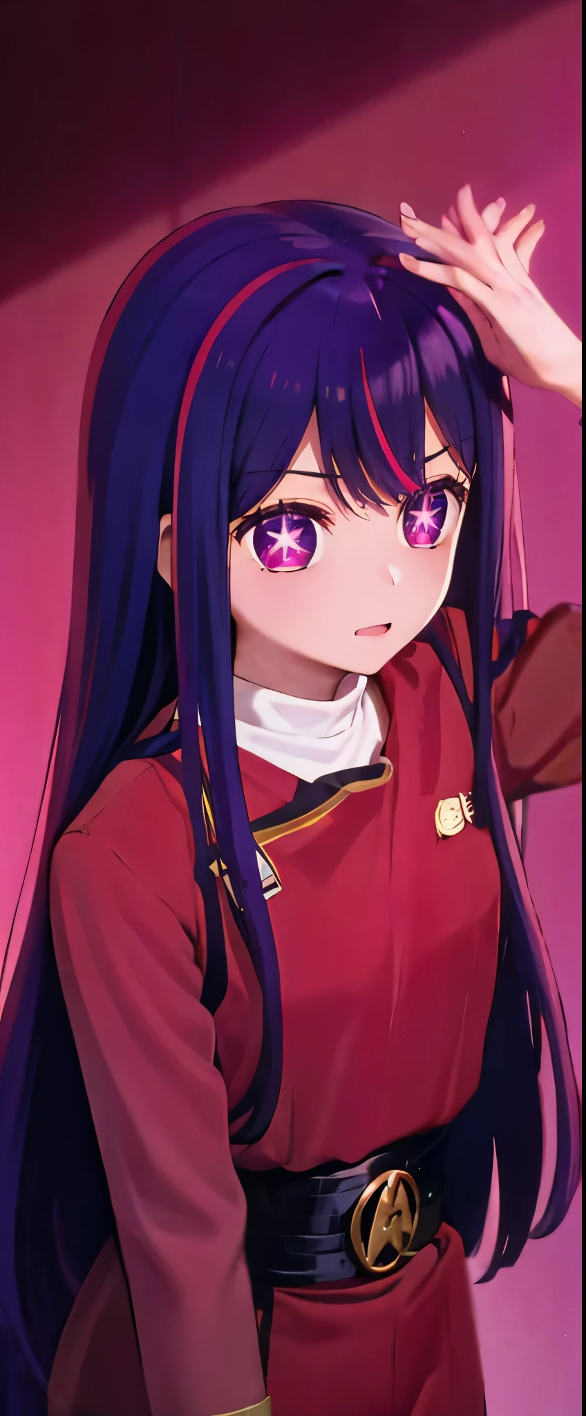 1 solo Hoshino Ai, long hair, purple hair, streaked hair ,purple eyes, star-shaped pupils, hair ornament, red wokunf uniform