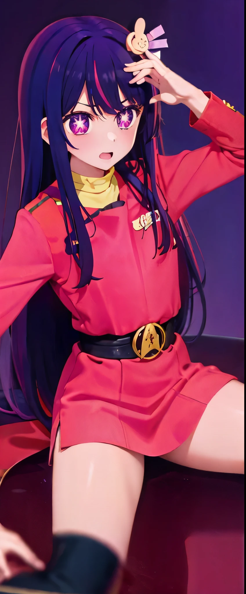 1 solo Hoshino Ai, long hair, purple hair, streaked hair ,purple eyes, star-shaped pupils, hair ornament, red wokunf uniform