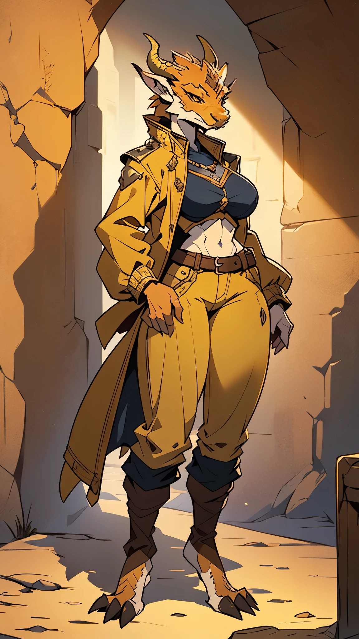 masterpiece, (1girl), extremely detailed female character, full body shot, best quality, dnd, dungeons and dragons, (female, breasts, hips), (pointy ears), (golden dragonborn, anthro, horns), medieval era, fantasy clothes, anime style, (medieval fantasy armor, pants, jacket)