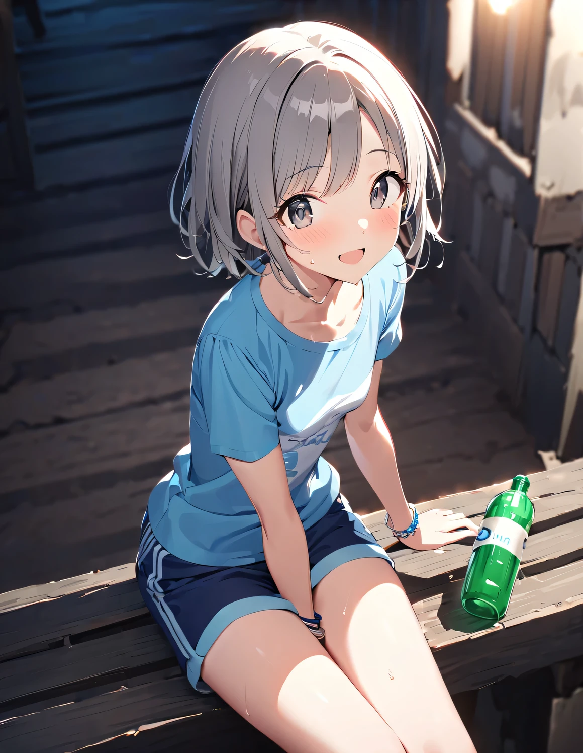 1girl otokura_yuuki idolmaster_Cinderella_girls arm_support bare_Youth_shorts blurry blurry_Background Blush Bottle Bracelet Gray_hair grey_Eyes open_Mouth hair_ornament holding holding_looking for bottle jewelry_in_beholder_to_of_side view outdoor person々 pink_Shirt Shirt Short_Hair short_sleeve shorts small_breasts sitting smile solo swein, masterpiece, highest quality, 8K,illustrinion,(detailed lighting),UHD, Anime Skins