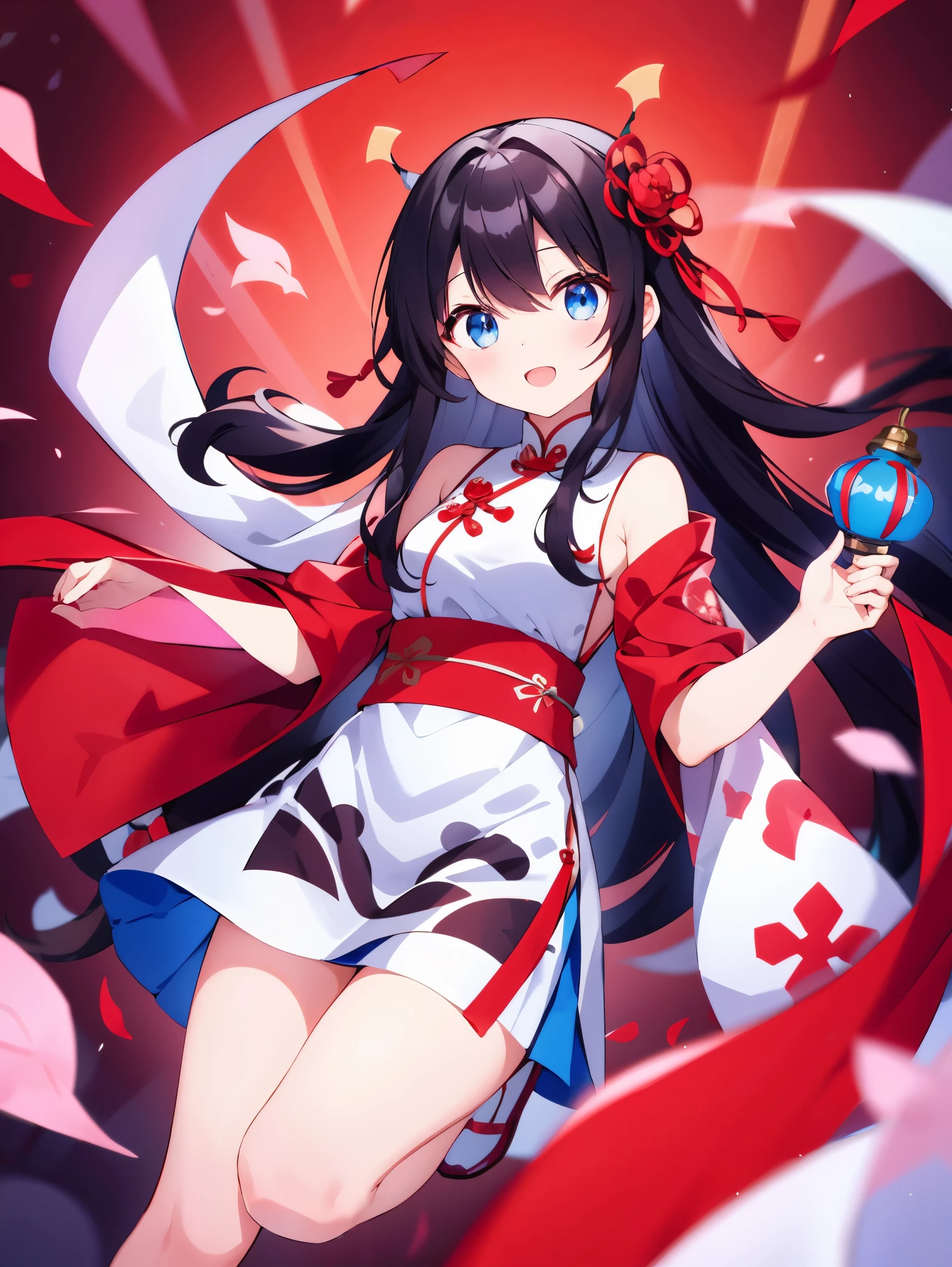  high quality，long black hair，Light blue eyes，White cheongsam decorated with red plum patterns，Red shawl with osmanthus pattern，Carrying a red lantern，jump up