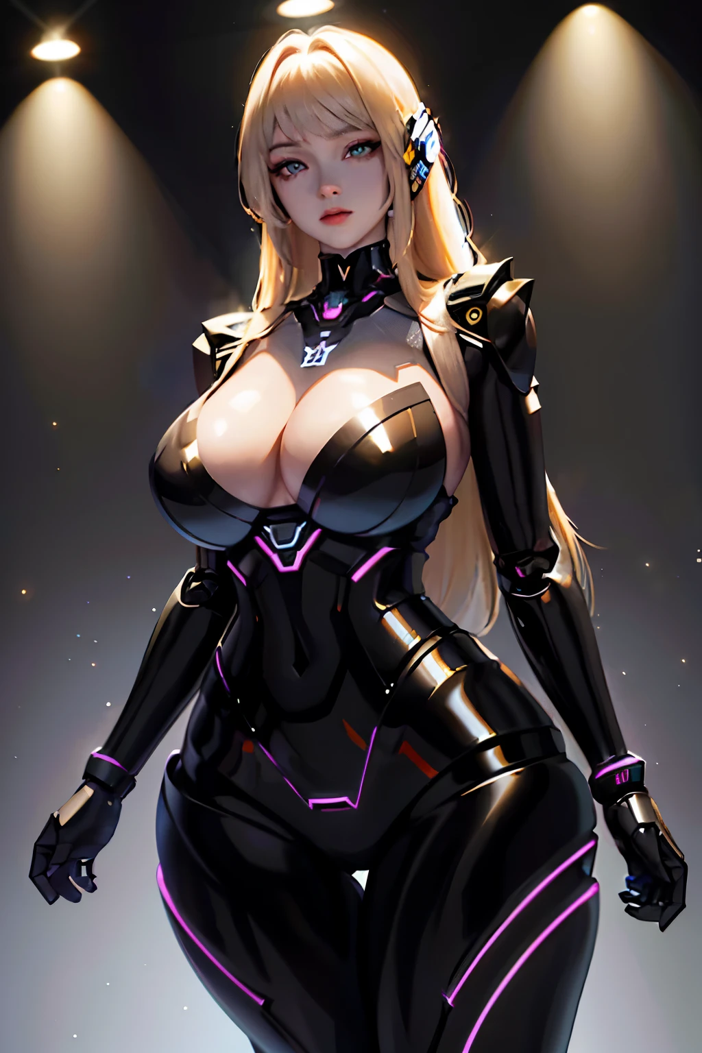Female-shaped robot, hyper-detailed,ultra-realistic,machine-constructed form,gigantic curvaceous bosom, massive derriere, thick thighs, mini dress armor, reflective metallic surface,dynamic lighting,high resolution,sharp focus,cinematic synth music,Solo,robotic movements,synthetic fabric,articulated limbs,detailed circuitry,lifelike expression,realistic eyes,glowing LED accents,striking pose.
Imagine a female-shaped robot, standing alone in a dimly lit room. Her sleek, metallic body shines under the dim light, revealing every inch of her hyper-