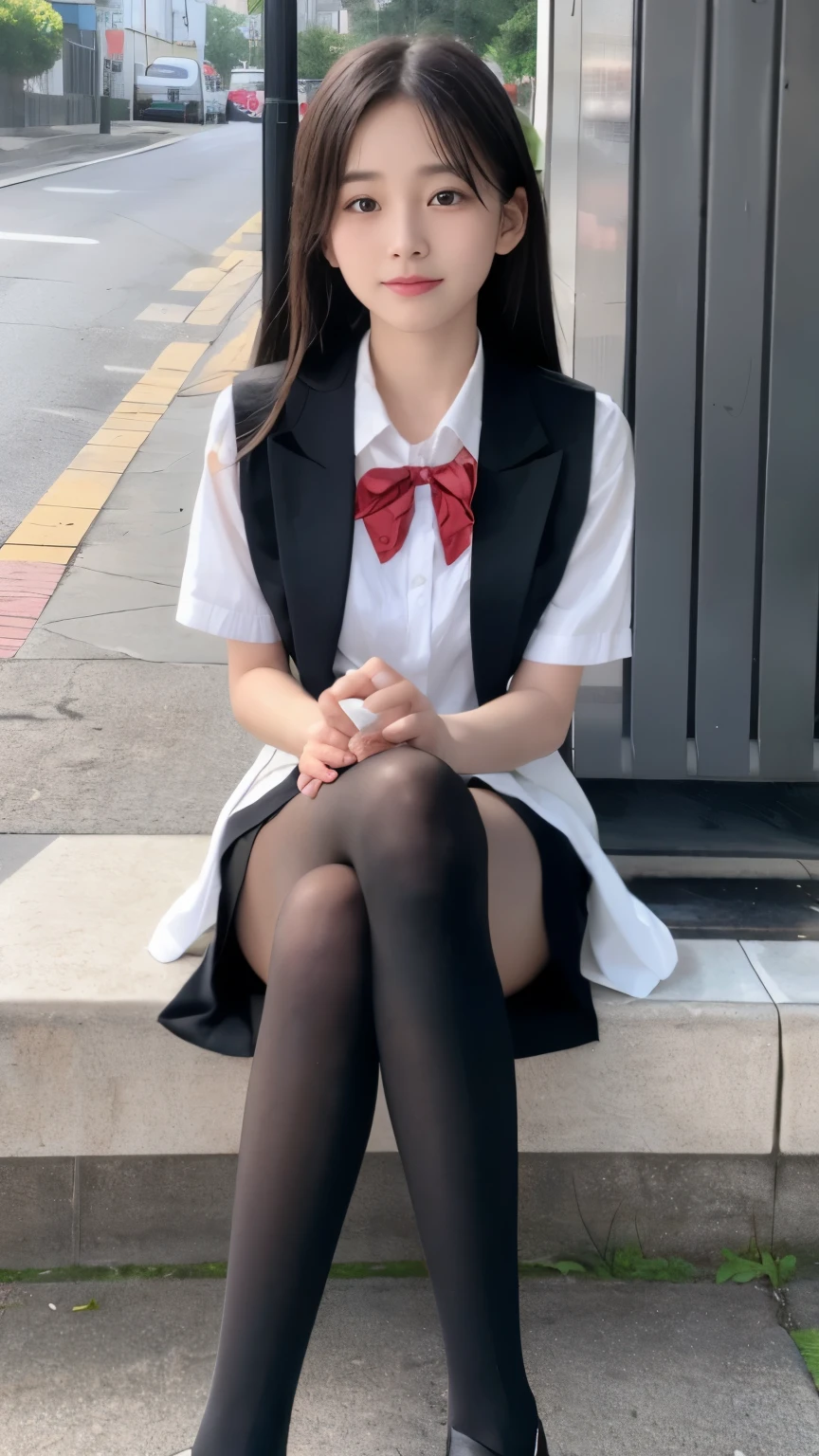 Super fine、8k、muste piece、(RAW photo:1.4)、High resolution、((Composition away from the subject))、((Full body photo from face to ankles))、detailed skin、glowing skin、、small face、smile、open your mouth、facing the front、Stand with your feet together、stand up with good posture、Residential area in the morning、realistic、14 year os stop、I was waiting alone、Hang your school bag on your shoulder、、slender and delicate body、small breasts、Blazer Uniform、girls school uniform、plaid skirt、healthy、young female teenager、black tights、black tights、black knee high socks、茶色のloafers革靴、loafers、full body shot、Neat and clean hairstyle、Emphasizes the very slender leg line