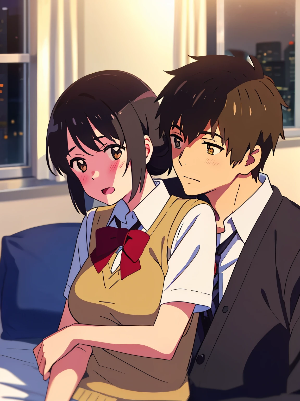 boy is behind girl, breast grope from behind, shinkai makoto, kimi no na wa., 1boy buzzcut , Katsuhiko Teshigawara, 1girl, mitsuha miyamizu, black hair, ponytial, blush, brown eyes, collared shirt, red bow, red bow, red ribbon, Ribbon, school uniform, shirt, sweater vest, upper body, vest, white shirt, yellow sweater vest, yellow vestopen shirt, shirt lift, open shirt, medium breast, red ribbon, cute, love, couple, adorable, dating, open mouth 😩, brown eyes, open eyes, indoors, night, passionate hug, lie on bed,