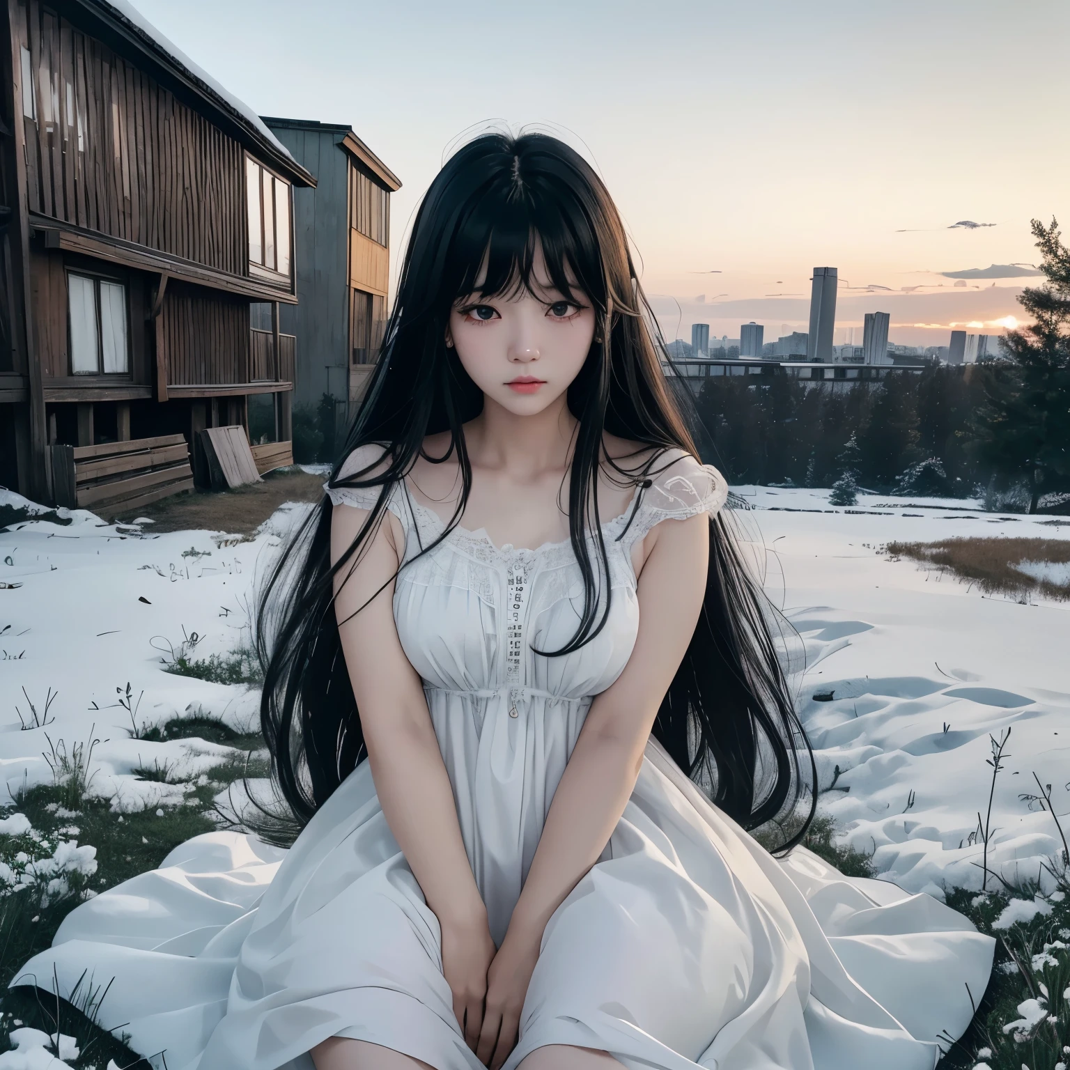 long black hair、eyes are black、Heavy bangs、skin is as white as snow、The eyes are long but large.、Tear bag plump、mole under eye、I wandered into a beautiful meadow at night、white dress、barefoot、Look like you&#39;re about to cry、Downcast eyes、city