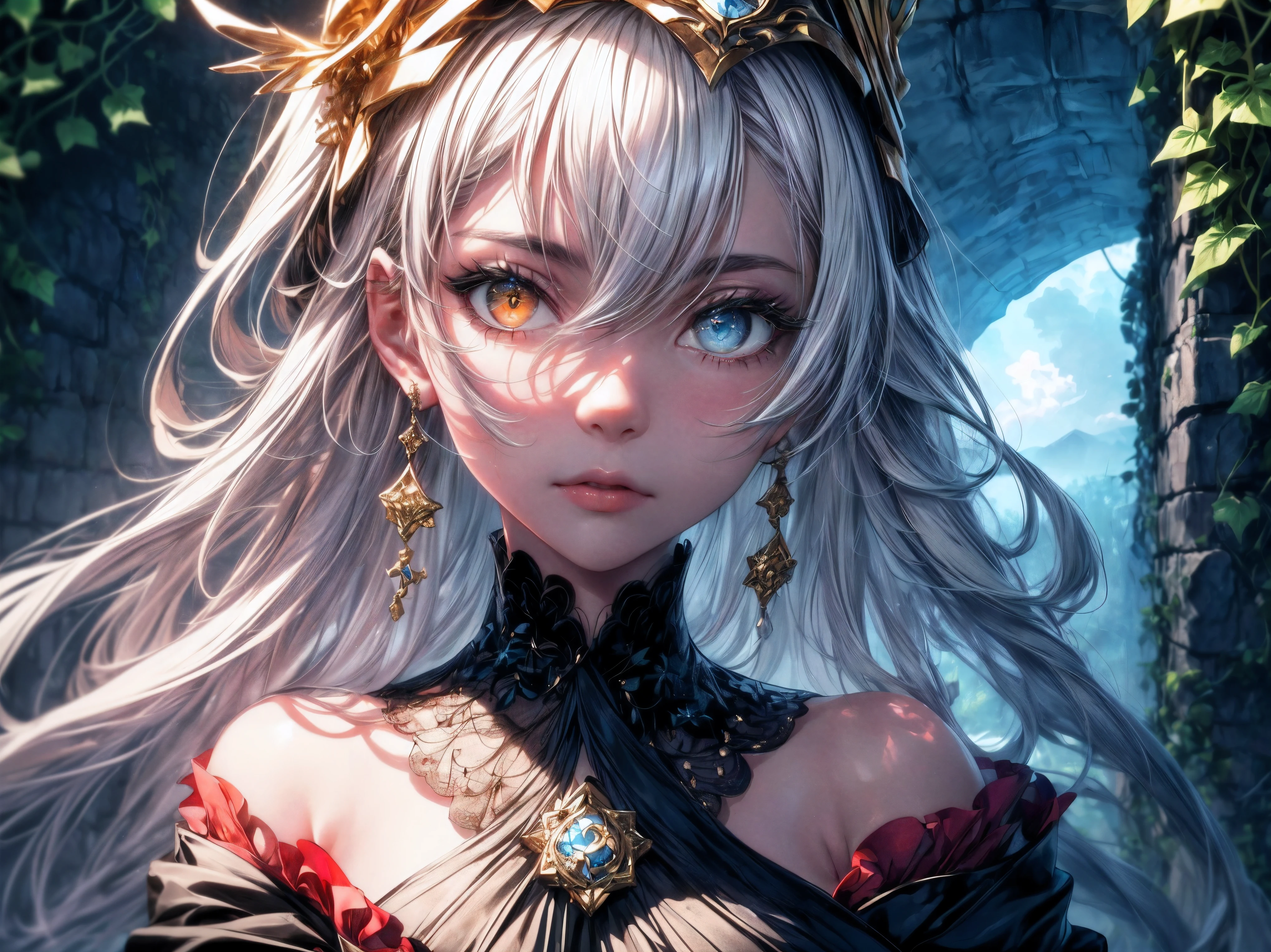 (((masterpiece))),(incredible_absurd),(best quality),(high resolution),(Highly detailed),((CG unified 8K wallpaper)),(cool color),(watercolor patch),(Extremely exquisite and beautiful lady),(20s),((Domineering lady)),(delicate face),(Beautiful and delicate eyes),((Heterochromia_Red_blue)),(long_eyelash),silver_hair,(small_breast enhancement),(蓬乱的hair),long hair,眼睛之间的hair,(Headgear),(Black_night_skirt),(leave_Shoulder),(long sleeves),(Sleeves extend beyond wrists),(gold ornaments),elegant,((melancholy)),(view viewer),Upper body,focus on face,((close up)),((delicate beautiful sky with cirrocumulus)),(night),(Star),(cloudy),(cirrocumulus),((stone ruins)),((vine)),((ivy)),(blue roses),(dense teeth),(Detailed background),(dynamic angle),((Rays)),(Rays tracing),toplight,(film light),(light reflection),(Granular rendering),((Tyndall effect)),(depth of field),Aaa