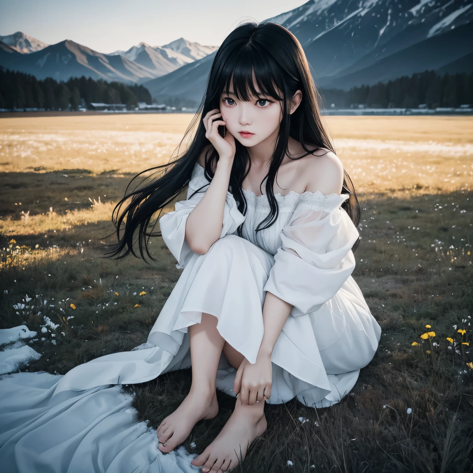 long black hair、eyes are black、Heavy bangs、skin is as white as snow、The eyes are long but large.、Tear bag plump、mole under eye、I wandered into a beautiful meadow at night、white dress、barefoot、Look like you&#39;re about to cry、Downcast eyes、city