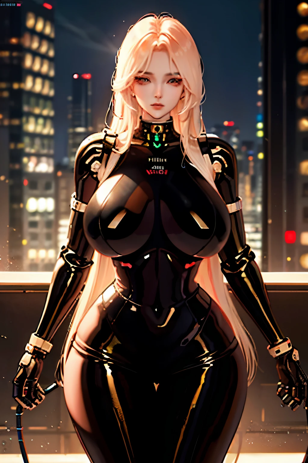Female-shaped robot, hyper-realistic, ultra-detailed, machined body, large chest with gigantic breasts, voluptuous figure, miniskirt armor, thick thighs. Shiny metallic skin, reflecting dynamic lighting, lustrous sheen, precise engineering. Curvy silhouette, exaggerated proportions, seductive allure. Mechanical joints, gears grinding softly, tubes and wires connecting vital components. Slender waist, balanced by the expansive hips. Realistic pupils, piercing gaze, captivating expression. Evening setting, neon lights flickering, urban cityscape as backdrop. Mini dress armor, fitted to her every curve, metallic