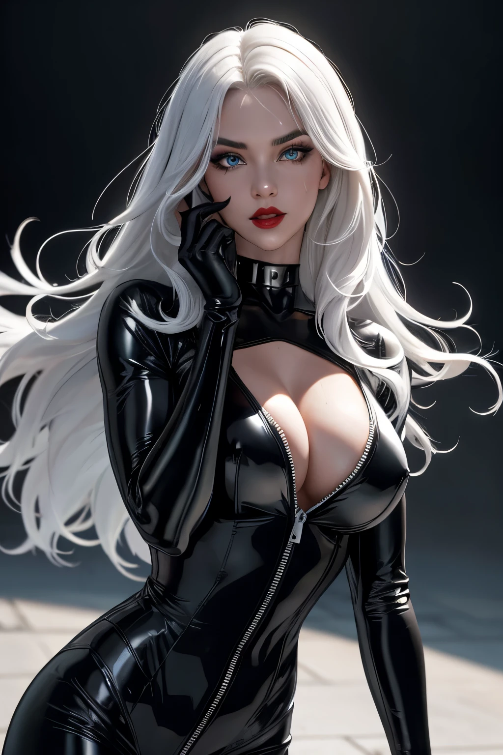 straight-on,pose,looking at viewer,solo, BREAK,
CARTOON_felicia_blackcat_ownwaifu, www.ownwaifu.com,
long hair,white hair,lipstick,blue eyes,makeup,lips,large breasts,collarbone,red lips,claws,very long hair,
mask,bodysuit,domino mask,gloves,choker,white gloves,collar,superhero,black bodysuit,fur trim,cleavage,skin tight,zipper,spiked collar,unzipped,jewelry,black choker,latex,shiny,center opening,
BREAK, official art,extremely detailed CG unity 8k wallpaper, perfect lighting,Colorful, Bright_Front_face_Lighting,shiny skin, (masterpiece:1.0),(best_quality:1.0), ultra high res,4K,ultra-detailed, photography, 8K, HDR, highres, (absurdres:1.2), Kodak portra 400, film grain, blurry background,(vibrant_color:1.2),professional photograph,