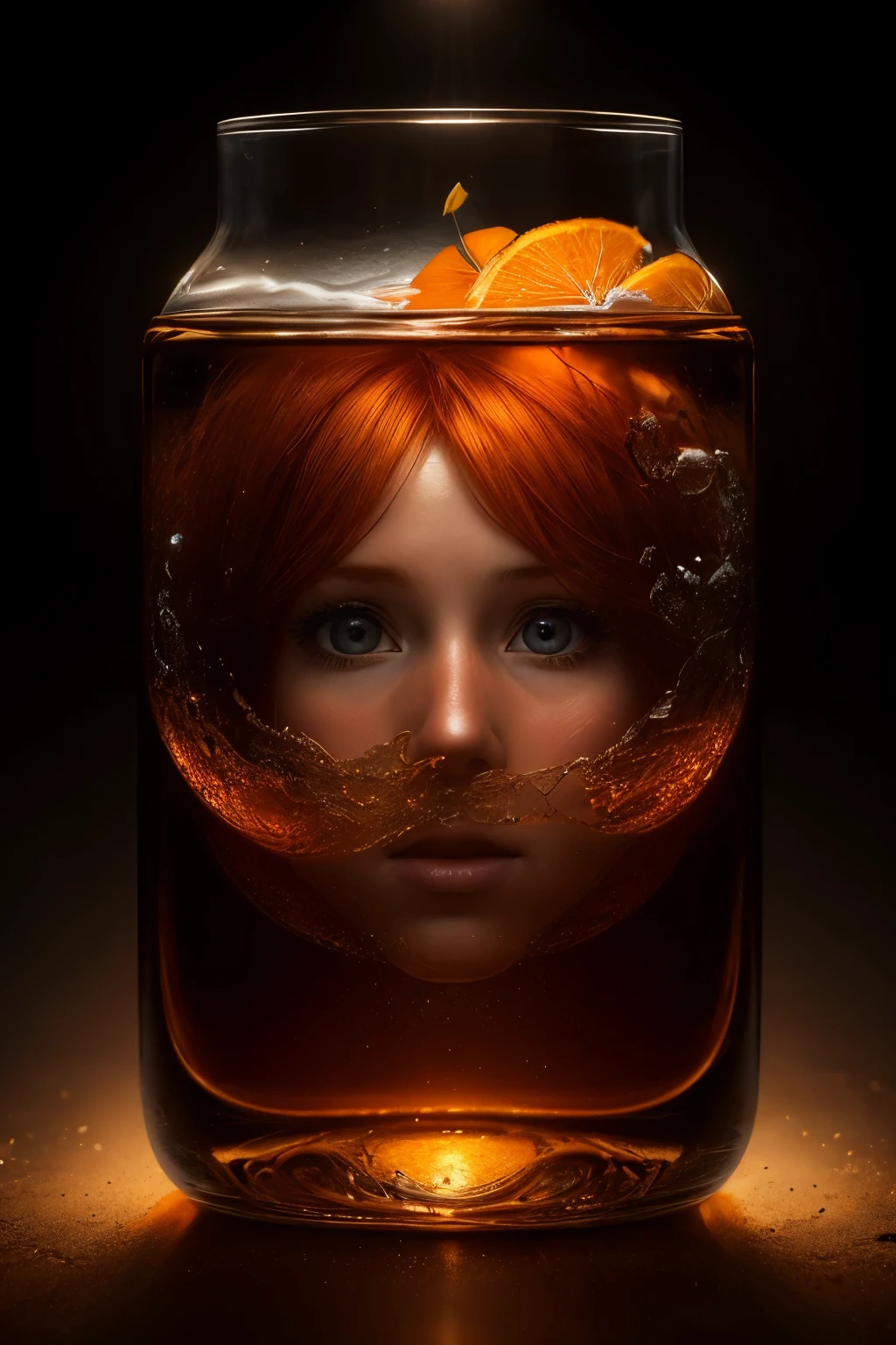 A beautiful orange-haired woman inside a bottle, fluffy, realistic, atmospheric light refraction, by lee jeffries nikon d850 film stock photograph 4 kodak portra 400 camera f1.6 lens rich colors hyper realistic lifelike texture dramatic lighting unreal engine trending on artstation cinestill 800, Style-Glass