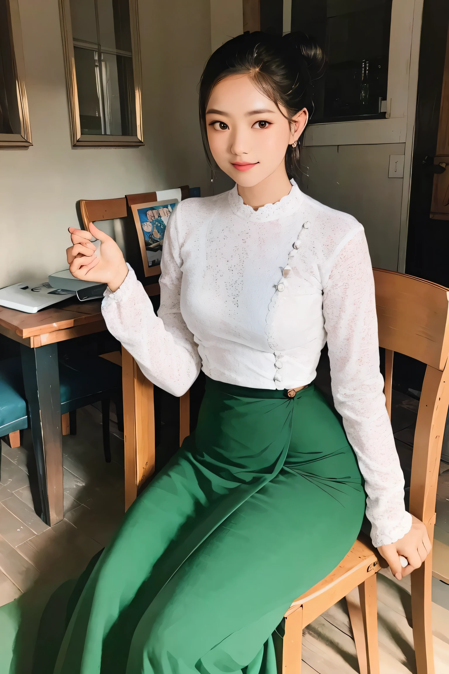 Portrait of a stunning young woman with a stylish hair bun, captivating gaze, and a warm atmosphere of a cozy coffee shop, realistic shading, fine details, exquisite lighting, digital painting, (wearing acmmsayarma outfit, acmmsayarma white top with buttons, long sleeves), ((acmmsayarma green long skirt))