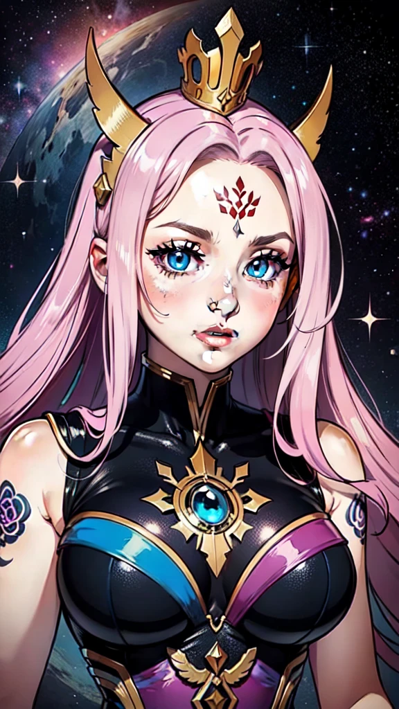 draw 1 woman, very attractive, wonderfull, portrait bust, beautiful regards, space and zodiac's queen, colorfull, wonderfull vibrants colors, neotraditionnal tattoo style