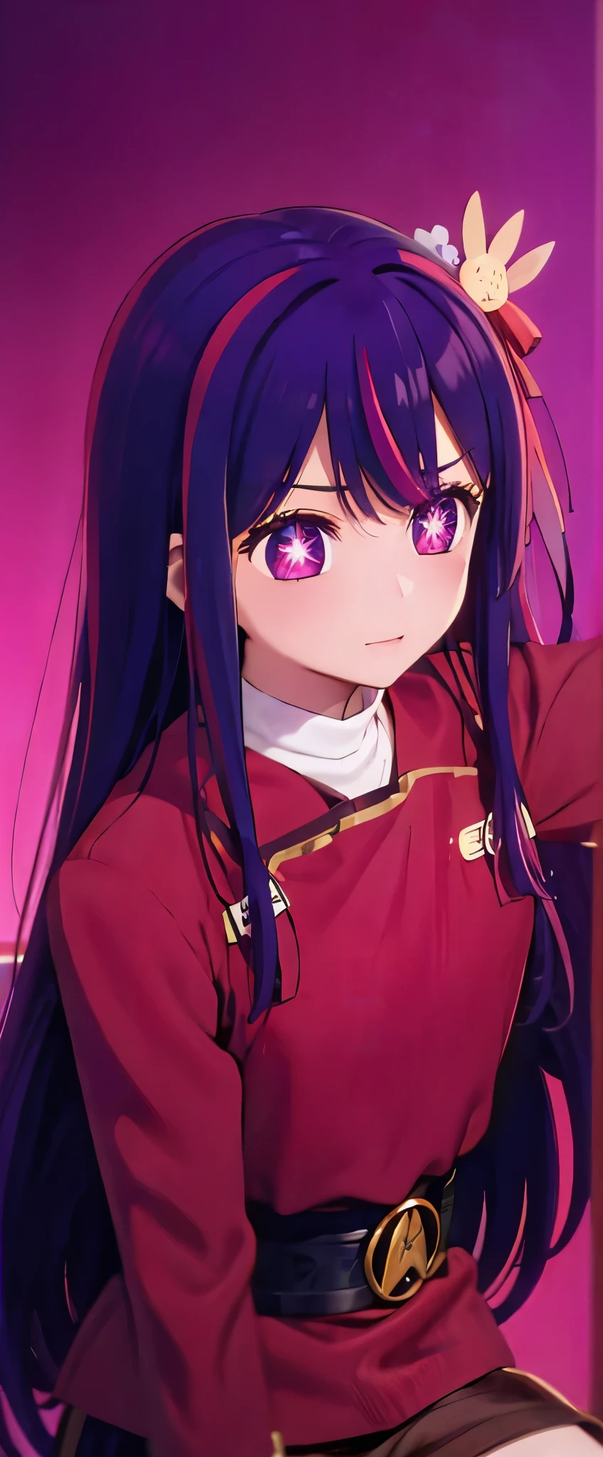 1 solo Hoshino Ai, long hair, purple hair, streaked hair ,purple eyes, star-shaped pupils, hair ornament, red wokunf uniform