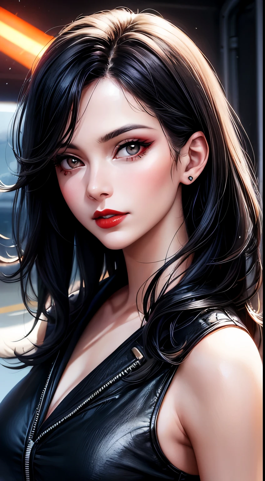 Woman, 30 years, adult, black hair, sexy airplane pilot, red lips, nigth, soft ligth, face detail, cowboyshot, fingers --style realistic-imagine -