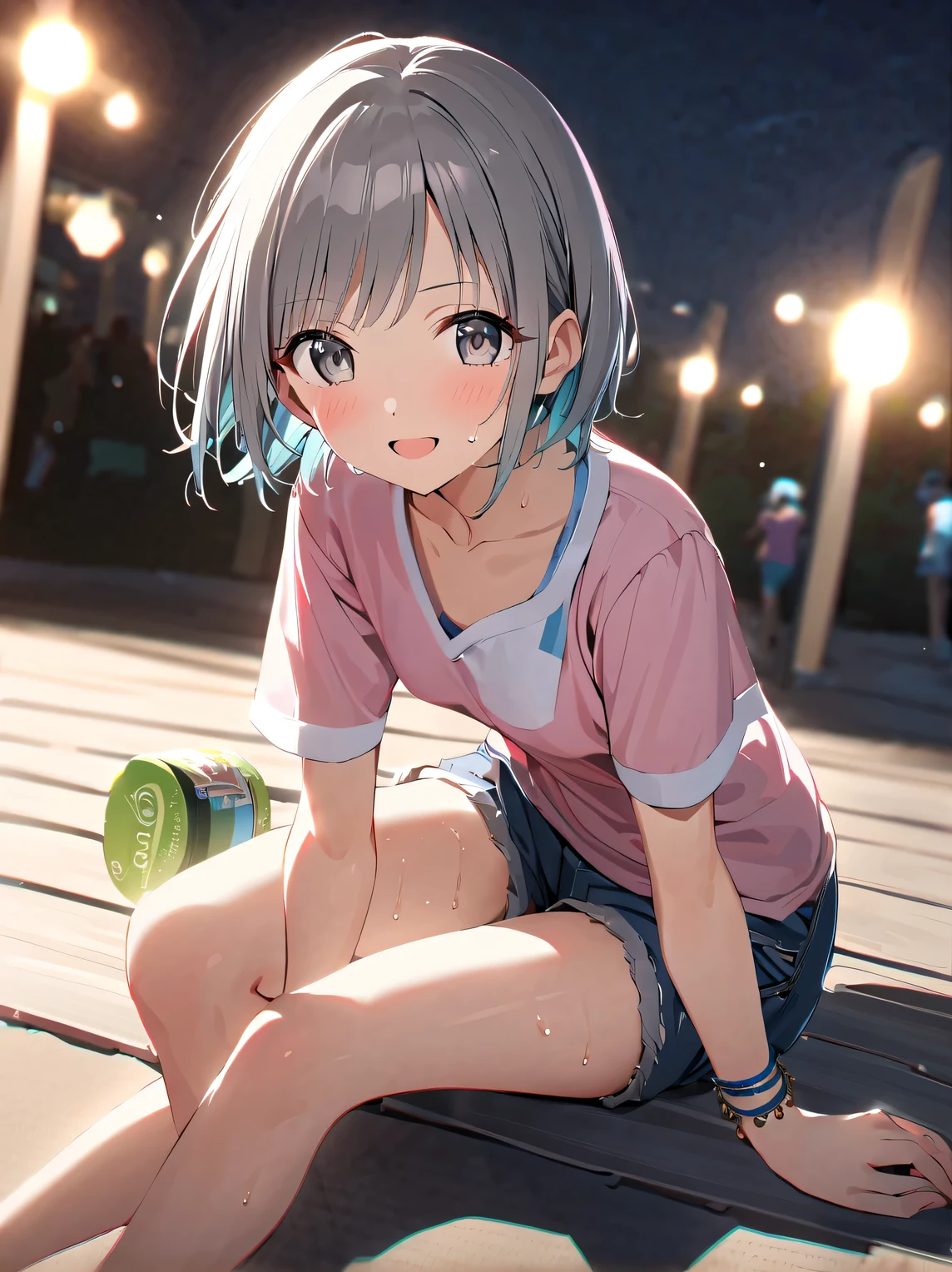 1girl otokura_yuuki idolmaster_Cinderella_girls arm_support bare_Youth_shorts blurry blurry_Background Blush Bottle Bracelet Gray_hair grey_Eyes open_Mouth hair_ornament holding holding_looking for bottle jewelry_in_beholder_to_of_side view outdoor person々 pink_Shirt Shirt Short_Hair short_sleeve shorts small_breasts sitting smile solo swein, masterpiece, highest quality, 8K,illustrinion,(detailed lighting),UHD, Anime Skins
