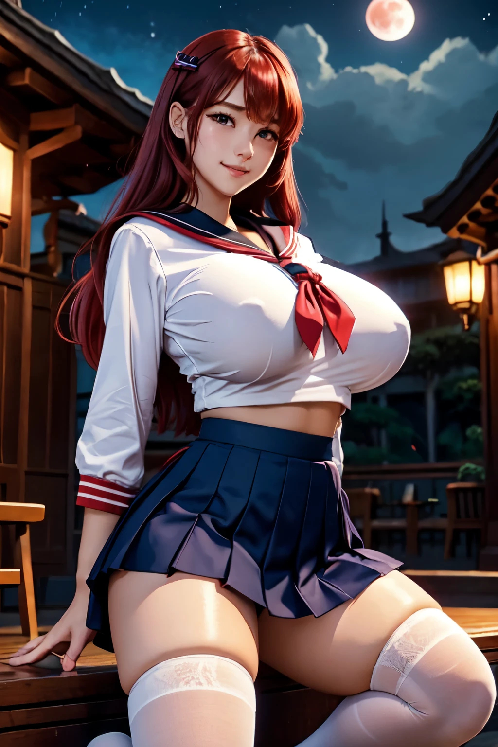 (High quality, High resolution, Fine details), crimson clouds surrounding the moon, (woman in sailor school uniform on a red full moon night:1.2), silhouette of tall buildings in the background, (deep blue sky), clear bright moon, (sailor suit), (short pleated skirt), BREAK white collar, BREAK red bow, BREAK white long socks, BREAK black shoes, solo, curvy women, Flowing red Hair, sparkling eyes, (Detailed eyes:1.2), smile, blush, Sweat, Oily skin, shallow depth of field, soft moonlight, faint shadow cast behind her, gigantic breasts, giga_busty