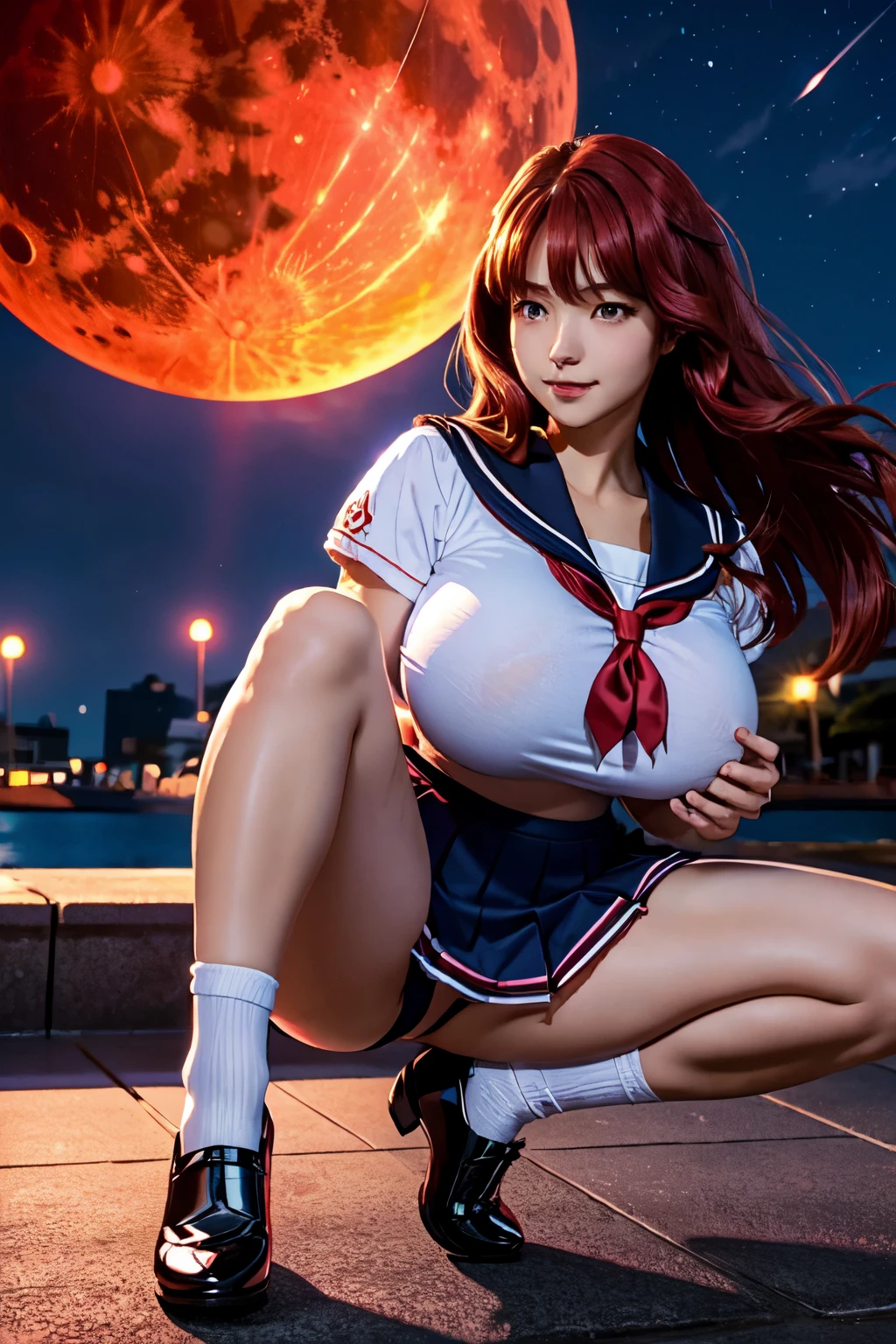 (High quality, High resolution, Fine details), crimson clouds surrounding the moon, (woman in sailor school uniform on a red full moon night:1.2), silhouette of tall buildings in the background, (deep blue sky), clear bright moon, (sailor suit), (short pleated skirt), BREAK white collar, BREAK red bow, BREAK white long socks, BREAK black shoes, solo, curvy women, Flowing red Hair, sparkling eyes, (Detailed eyes:1.2), smile, blush, Sweat, Oily skin, shallow depth of field, soft moonlight, faint shadow cast behind her, gigantic breasts, giga_busty
