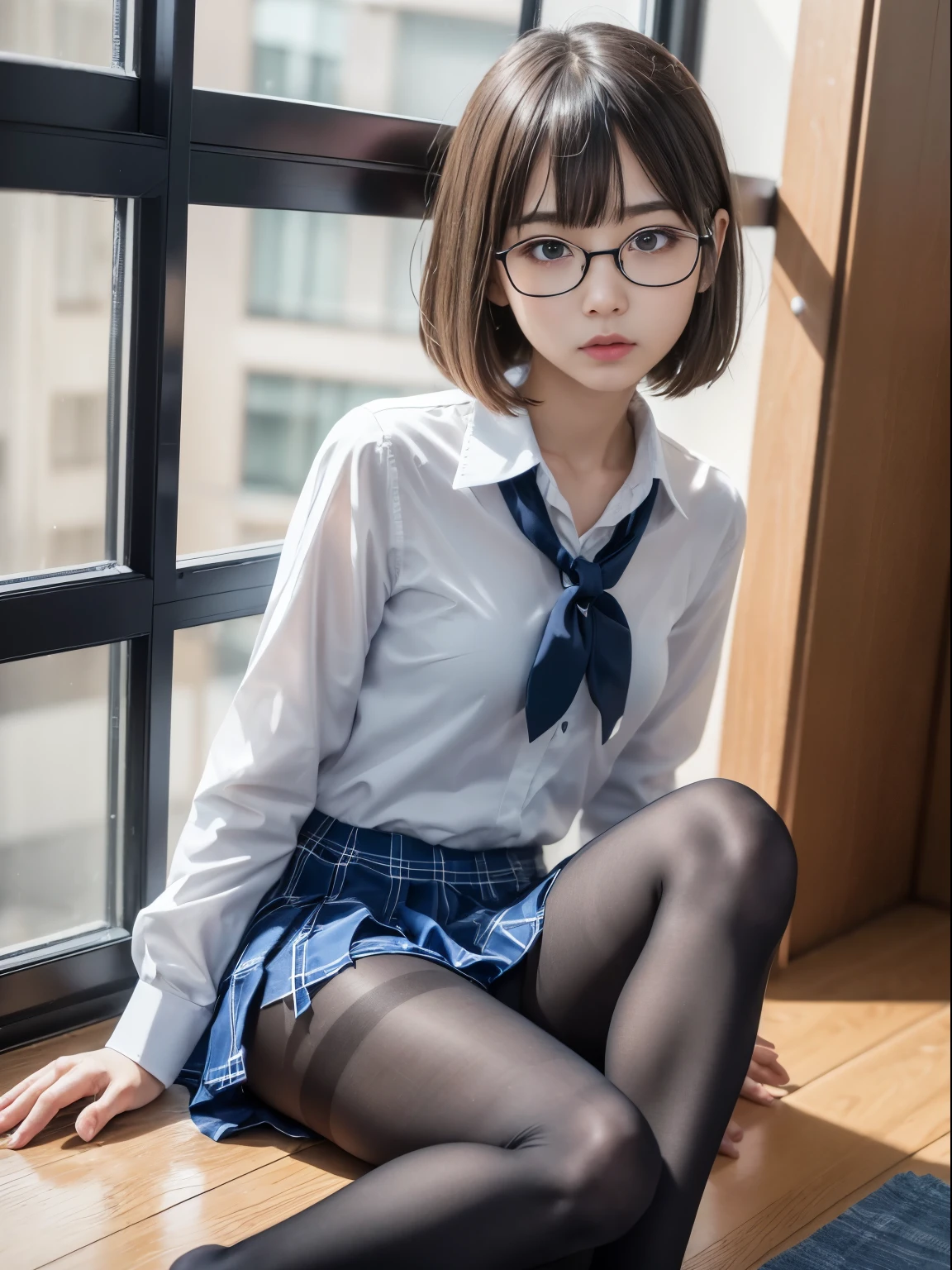 long bob cut、(I can see my underwear)、((細いeye))、((細いeye))、((細いeye))、(8K、生photographgraphy、highest quality、masterpiece：1.2),、small、(flat chest)、(flat chest)、(flat chest)、(flat chest)、(flat chest)、(Are thin)、Fair skin、Whitening、dark look、skinny,Fair skin肌,Saucy,Schoolの,looking at the viewer,looking straight ahead,high-pitched clothes,erotic,students,white skin,knees,(((black pantyhose)),((black pantyhose))),disorganized,(small face),(small face),I can see the forehead,Bangs hanging from the left and right sides of the forehead,(cold look,eyeがきつめ,glare,bullish,anger)、masterpiece,highest quality、ultra high resolution,生photograph,beautiful,beautiful,There is only one person, solo,Glasses,,dark look,small breasts same,full body,(まるGlasses),JK uniform,high school girl,japanese woman, （photorealistic：1.37）、School、photon mapping,Reality、beautiful woman,cute baby face,ブラウンeye、black socks、(red bow tie)、radio city、Physically based rendering、depth of field rally background、photograph,body,beautiful feet, long legs, thin legs,(I can see my bangs), Hairy pubic area, lips, blue_eye, nose soft,(light blue dress shirt), (Navy, blue and white plaid pleated skirt), kneesが見える,transparent clothing,, Peaches, black cotton socks,Nogizaka Idol, , japanese idol