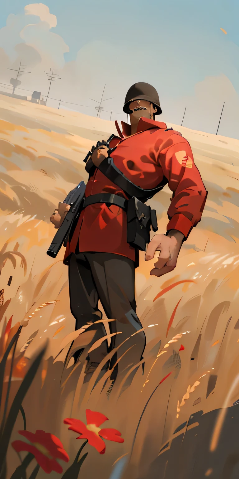 Masterpiece, alone, full body, low angle view, tf2soldier, red team , 1 boy , hand grenade, smile, red shirt, Detailed background, Look at the viewer., outdoor, Wheat field, flower, nature, morning, smog, sky, Mostly sunny,