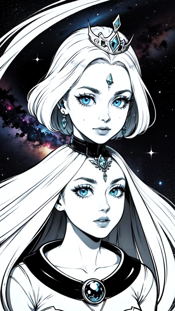 1 wonderfull woman, very attractive, wonderfull, portrait bust, beautiful regards, space and zodiac's queen, colorfull, wonderfull vibrants colors