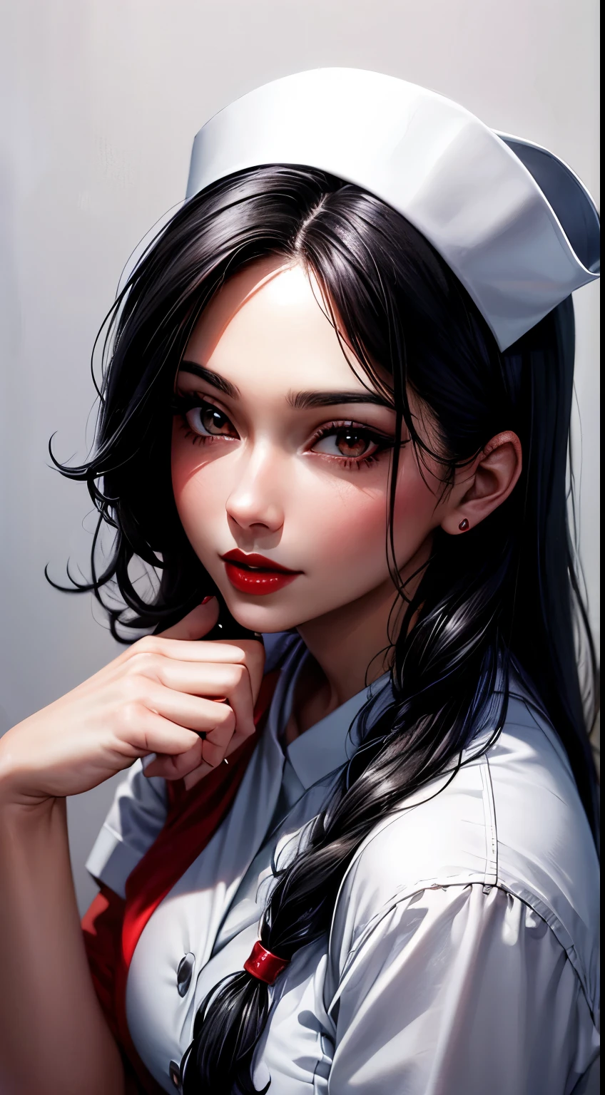 Woman, 30 years, adult, black hair, sexy nurse, red lips, nigth, soft ligth, face detail, from above, fingers --style realistic-imagine -