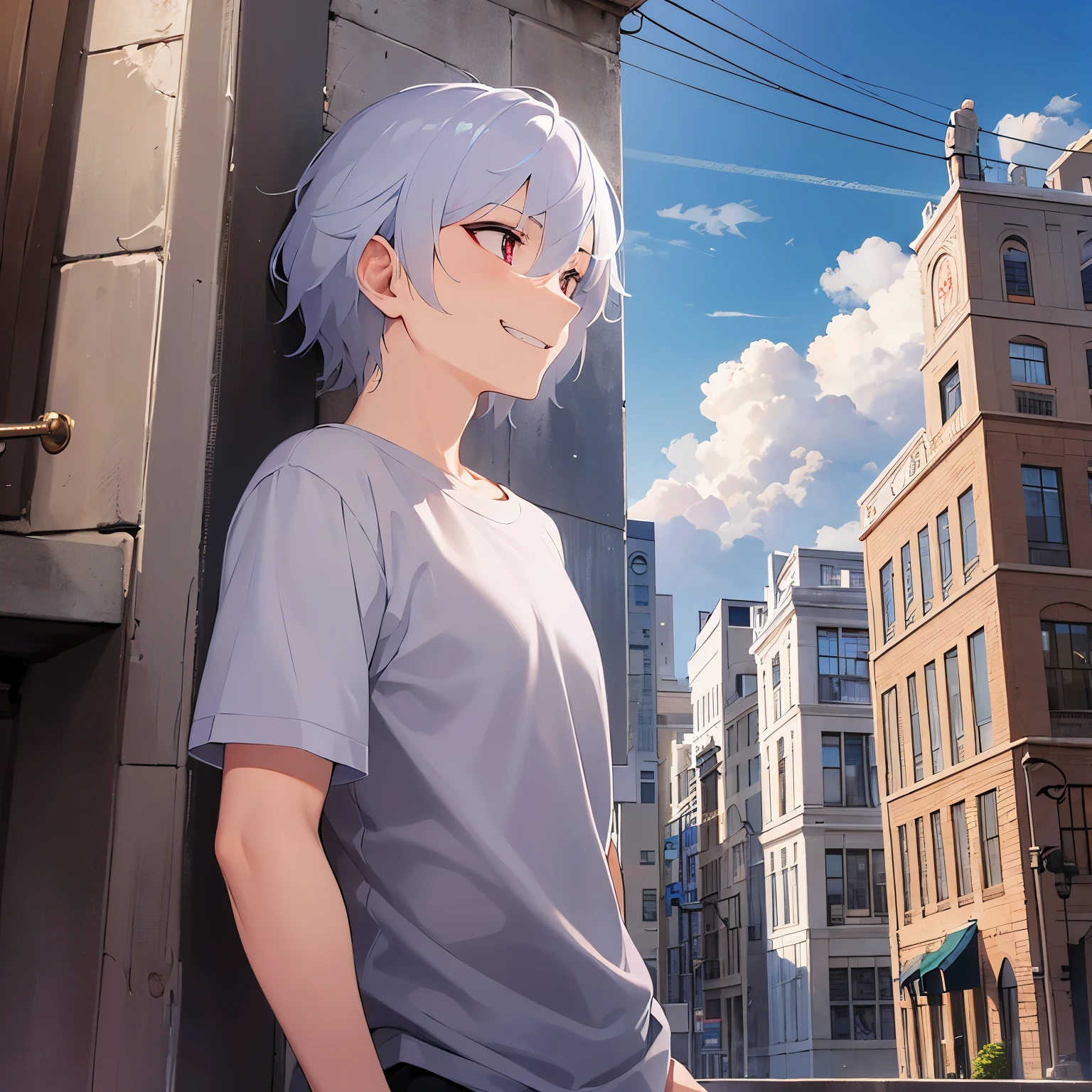 side angle, masterpiece、high quality、(looking away:1.5), 25 year old male with short silver hair and red eyes、wearing a white T-shirt、(Alone:1.5)、(evil smile:1.5)、(Only the upper body is shown.:1.3)、The background is outside the building area