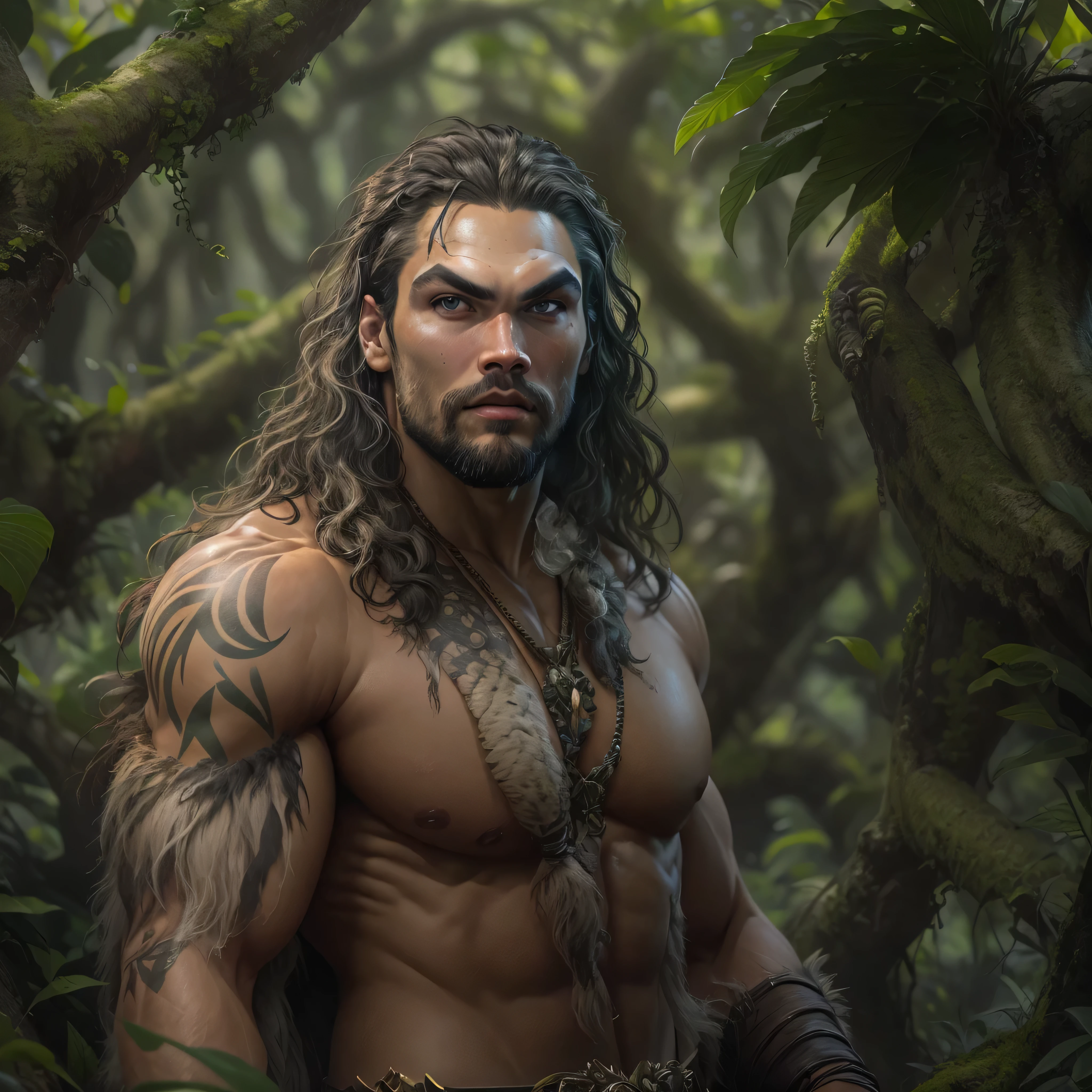 a photo of Jason Momoa as Tarzan lord of the jungle from Marvel comics, clean shaven, Intricate, High Detail, Sharp focus, dramatic, photorealistic digital art, photo-realistic, octane render, unreal engine, ultra-realistic