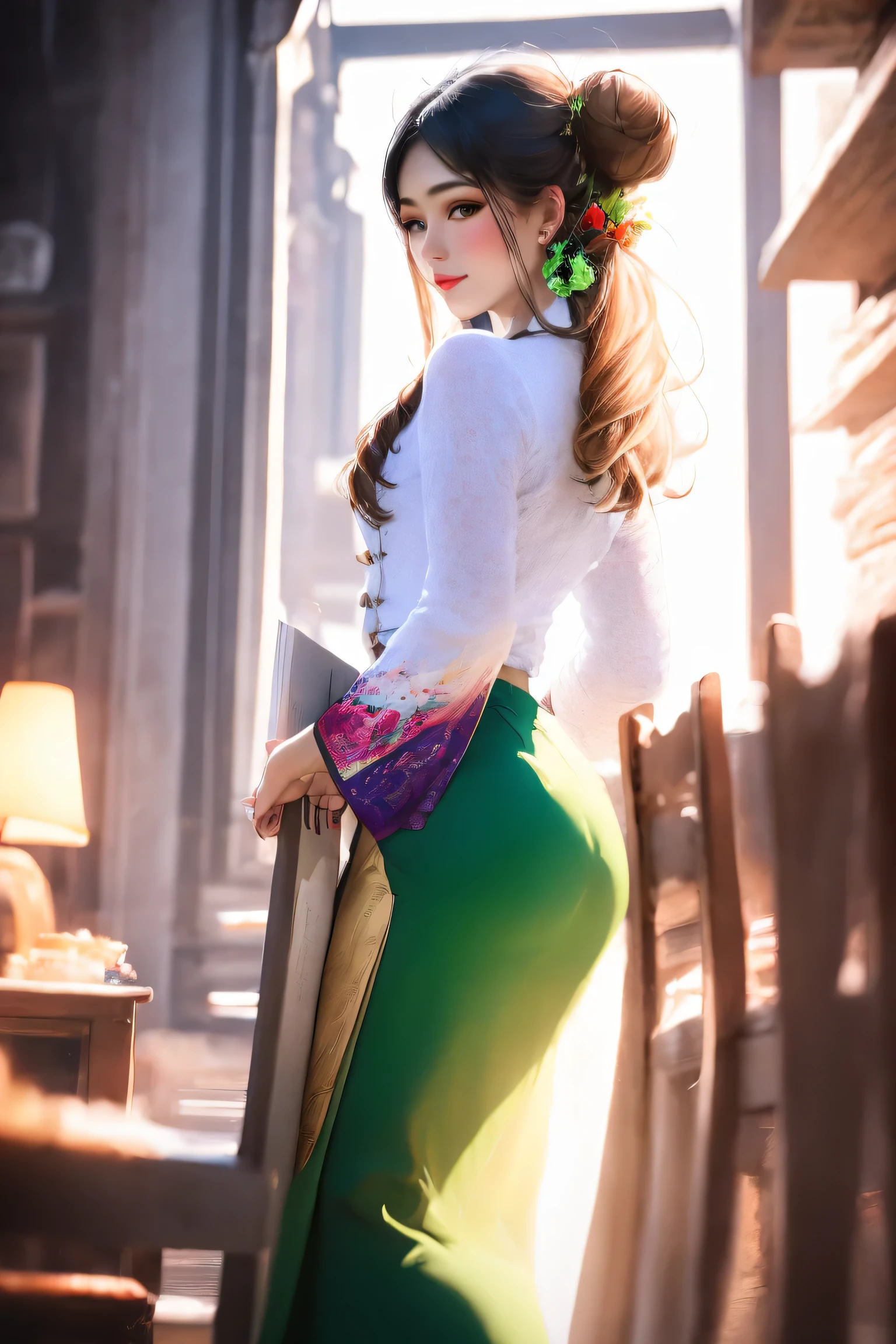 Portrait of a stunning young woman with a stylish hair bun, captivating gaze, and a warm atmosphere of a cozy coffee shop, realistic shading, fine details, exquisite lighting, digital painting, (wearing acmmsayarma outfit, acmmsayarma white top with buttons, long sleeves), ((acmmsayarma green long skirt))