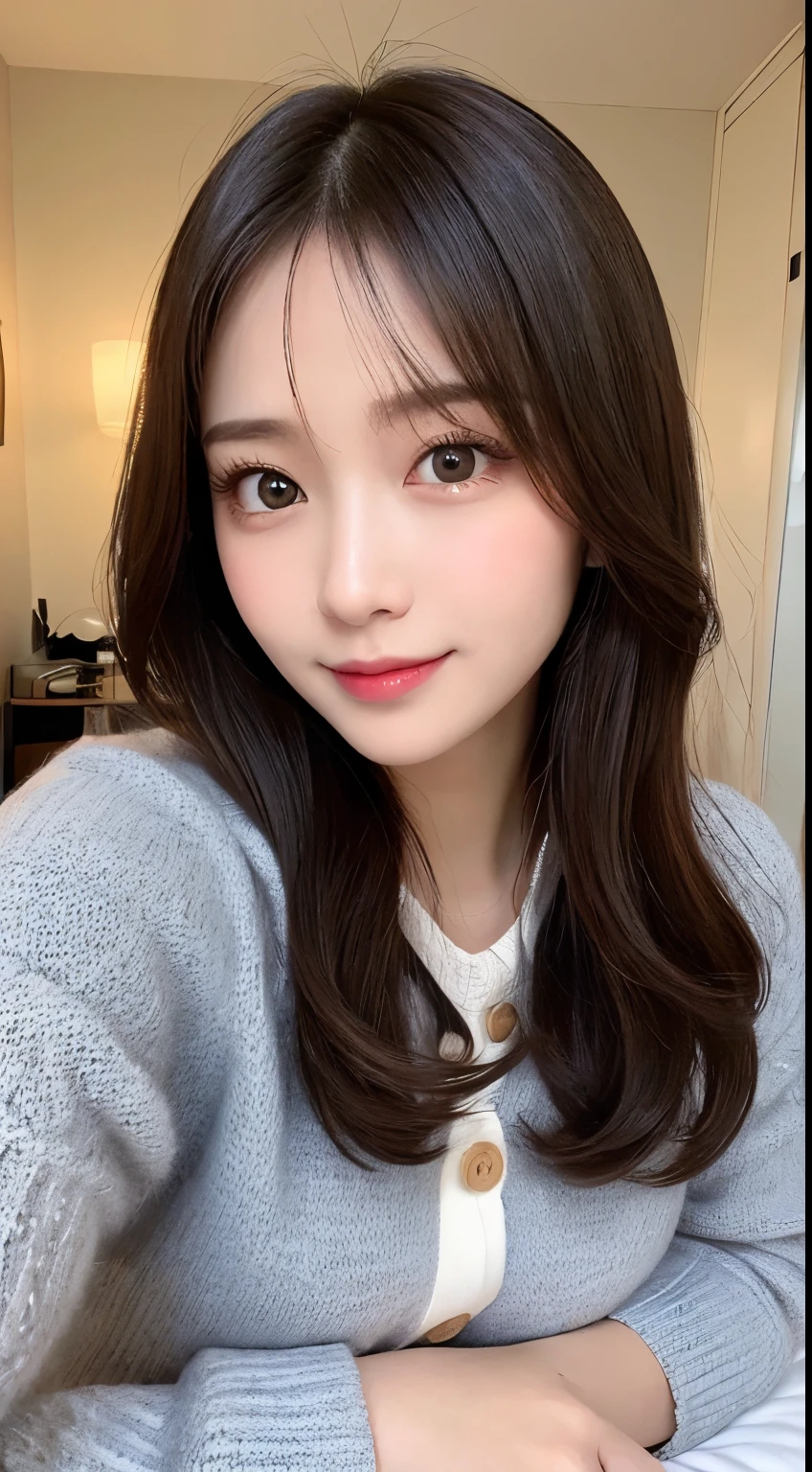 table top, highest quality, shape, Super detailed, finely, High resolution, 8k wallpaper, 完璧なダイナミックな構shape, beautiful and detailed eyes, Tokyo trend knit dress, small breasts, natural color lip,gentle smile,20 year old girl、beautiful and detailed face、perfect and beautiful face,Big eyes、beautiful detailed face、perfect and beautiful double eyelids、blur the background、perfect and beautiful face、Feminine poses、blur background、slim face and style、Blur background、straight hair、Wear a luxurious mink coat、Bedroom（navy sheets）、lying in bed