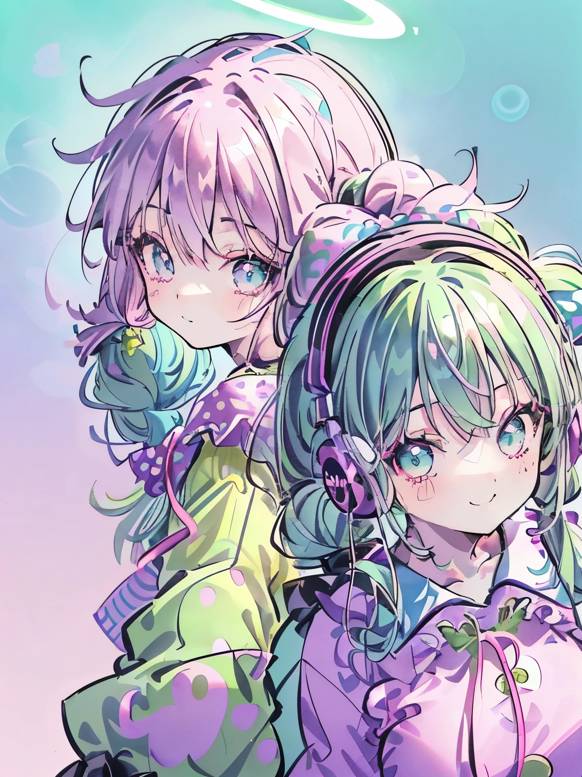 girl,light green hair,Fluffy permed twintail hair,((Angle from above:1.5)),((close up of face:1.3)),Plaid,((Active and pose like Kyonshi:1.3)),((smile)),((Fashionable long-sleeved clothes in vivid colors of black, pink, and blue:1.35)),((polka dot background:1.2)),((valley:1.3)),((NSFW)),((headphone:1.2))