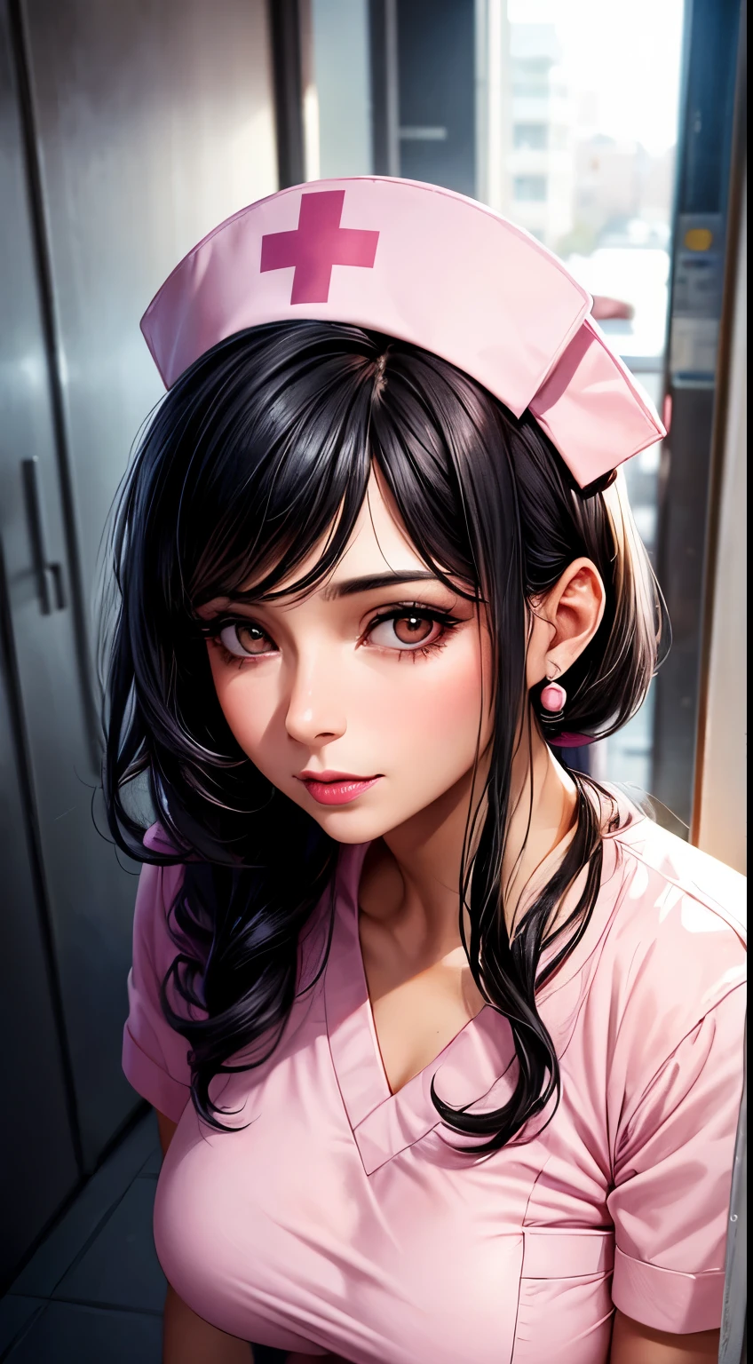Woman, 30 years, adult, black hair, sexy nurse, pink lips, nigth, soft ligth, face detail, from above, fingers --style realistic-imagine -