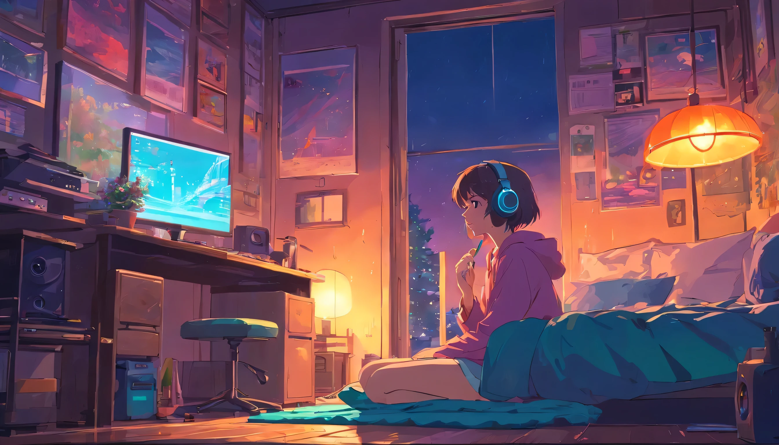 European hippie girl meditating in her room, Dreaming, Wear headphones, night lights, Neon landscape on a rainy day, Analog Color Theme, Lo-Fi Hip Hop , Retrospective, Flat, 2.5D ,Draw a line, Ink drawing, Large gradient, Watercolor painting, Goosch color, Studio Ghibli style, Awesome colorful, Outer Ton, Krautlock, lofi art, 70s style,Old textures, amplitude,Psychedelic atmosphere, masutepiece, Incredible technology,