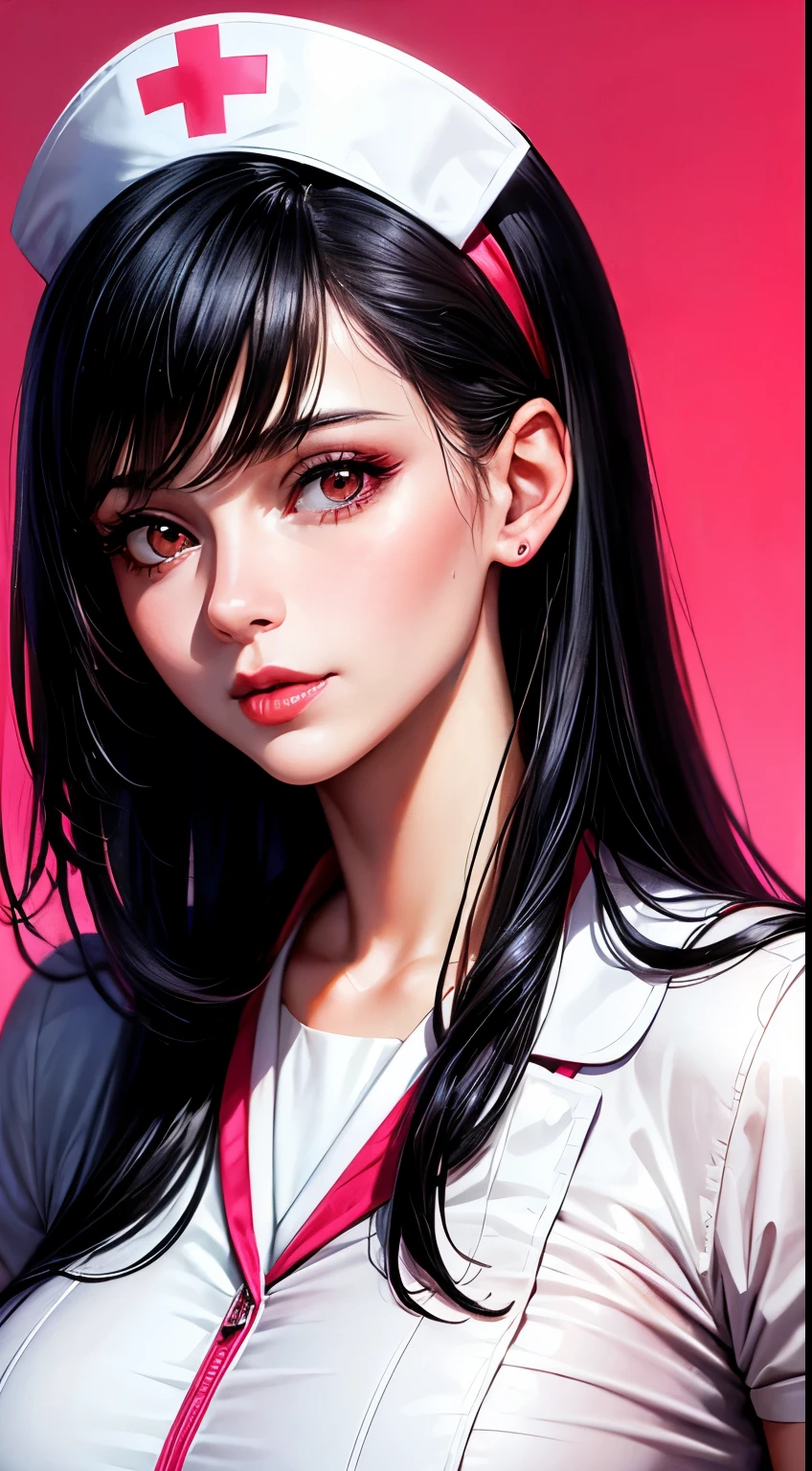 Woman, 30 years, adult, black hair, sexy nurse, pink lips, white and red clothes, nigth, soft ligth, face detail, wide shot, fingers --style realistic-imagine -