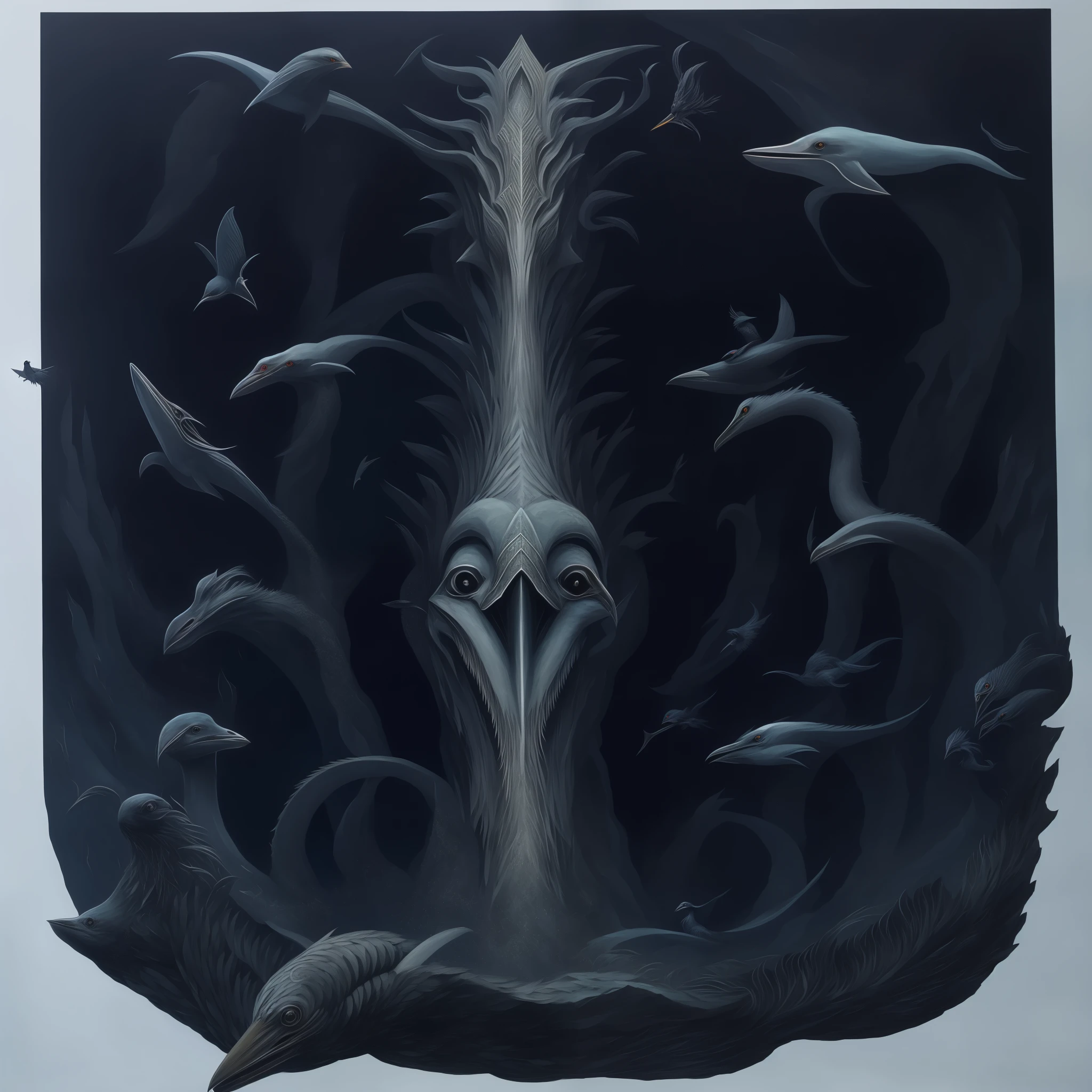 there is a painting of a bird with a long beak, highly detailed dark art, an ominous fantasy illustration, abstract occult epic composition, in style of dark fantasy art, symmetrical epic fantasy art, dark fantasy oil painting, dark fantasy illustration, fantasy rpg symmetrical portrait, detailed 3d gothic oil painting, lovecraftian sea creature, surreal dark art, dark fantasy artwork