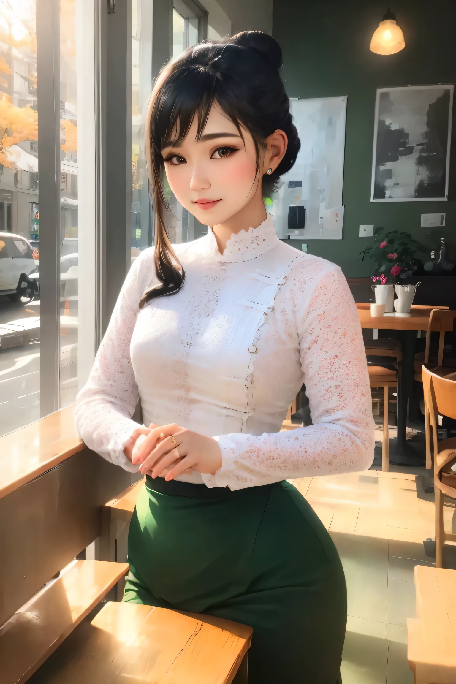 Portrait of a stunning young woman with a stylish hair bun, captivating gaze, and a warm atmosphere of a cozy coffee shop, realistic shading, fine details, exquisite lighting, digital painting, (wearing acmmsayarma outfit, acmmsayarma white top with buttons, long sleeves), ((acmmsayarma green long skirt))