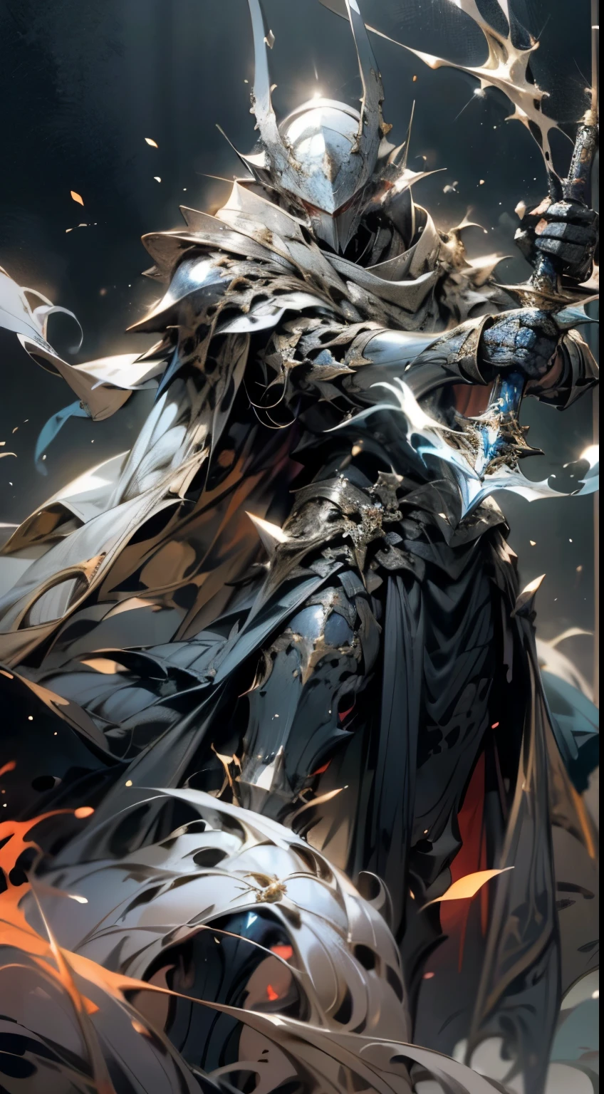 dark light, army of knights, Luxurious shape, dark knight armor, Dark armor, red cloak. He has a wide and heavy black sword. The knight's eyes are the light of red flame, Depicted in a fighting stance.
