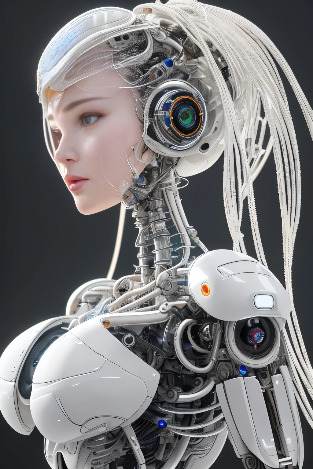 complex 3d render ultra detailed of a beautiful porcelain profile woman android face, cyborg, robotic parts, 150 mm, beautiful studio soft light, rim light, vibrant details, luxurious cyberpunk, lace, hyperrealistic, anatomical,  muscles, cable electric wires, microchip, elegant, beautiful background, octane render, H. R. Giger style, 8k, best quality, masterpiece, illustration, an extremely delicate and beautiful, extremely detailed ,CG ,unity ,wallpaper, (realistic, photo-realistic:1.37),Amazing, finely detail, masterpiece,best quality,official art, extremely detailed CG unity 8k wallpaper, absurdres, incredibly absurdres, , robot, silver halmet, full body, sitting