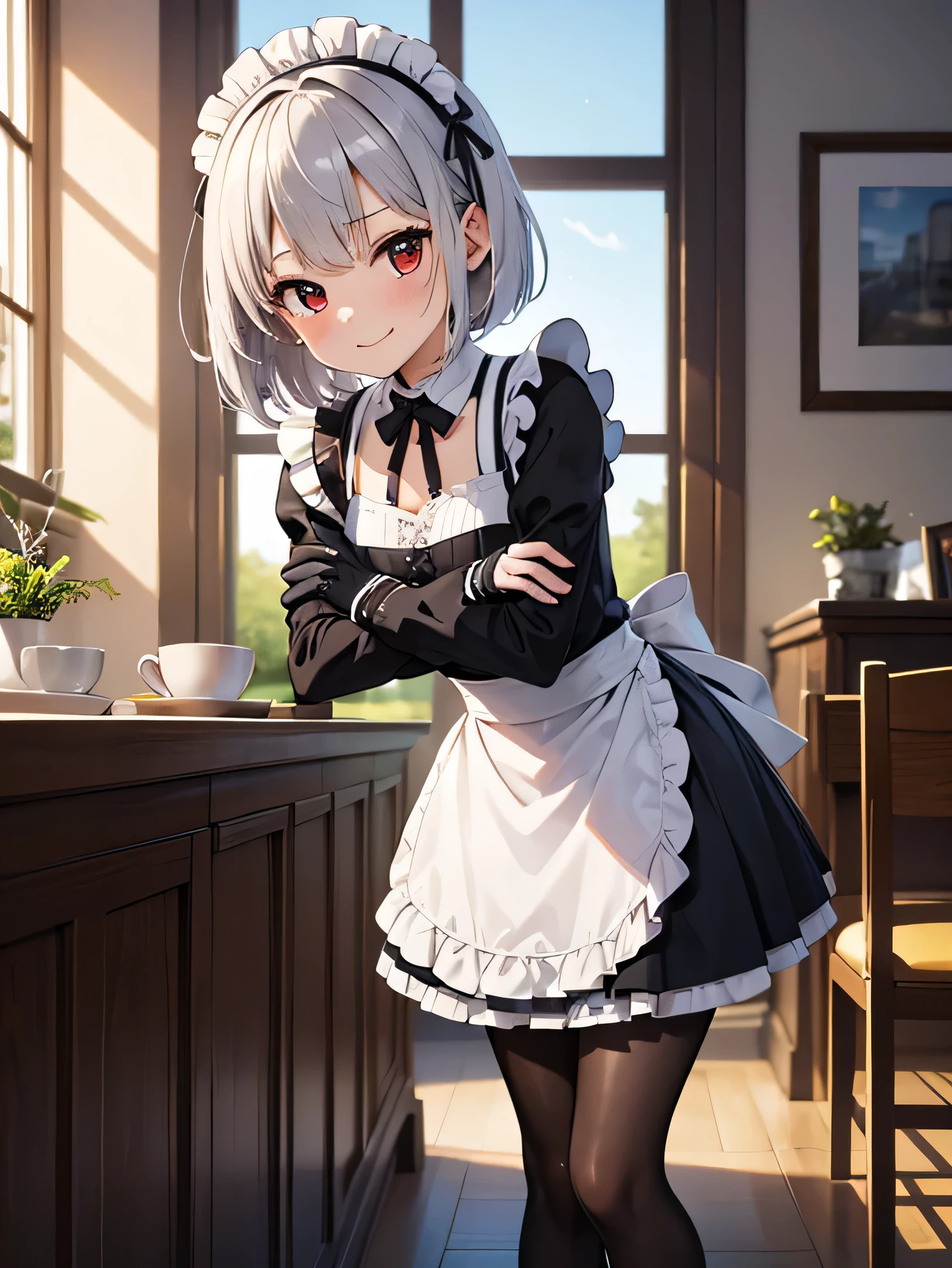 (masterpiece, highest quality),1 girl, medium bob hair,bangs,silver hair,shiny hair,shoulder length,slanted eyes,red eyes,black gloves,With a small physique,He is short,black pantyhose,low length,light smile,Maid clothes,leaning forward,crossed arms,put your index finger to your mouth,Mysterious,no exposed legs,small breasts,,delicate,Upper grades,coffee shop,courtyard with flowers
