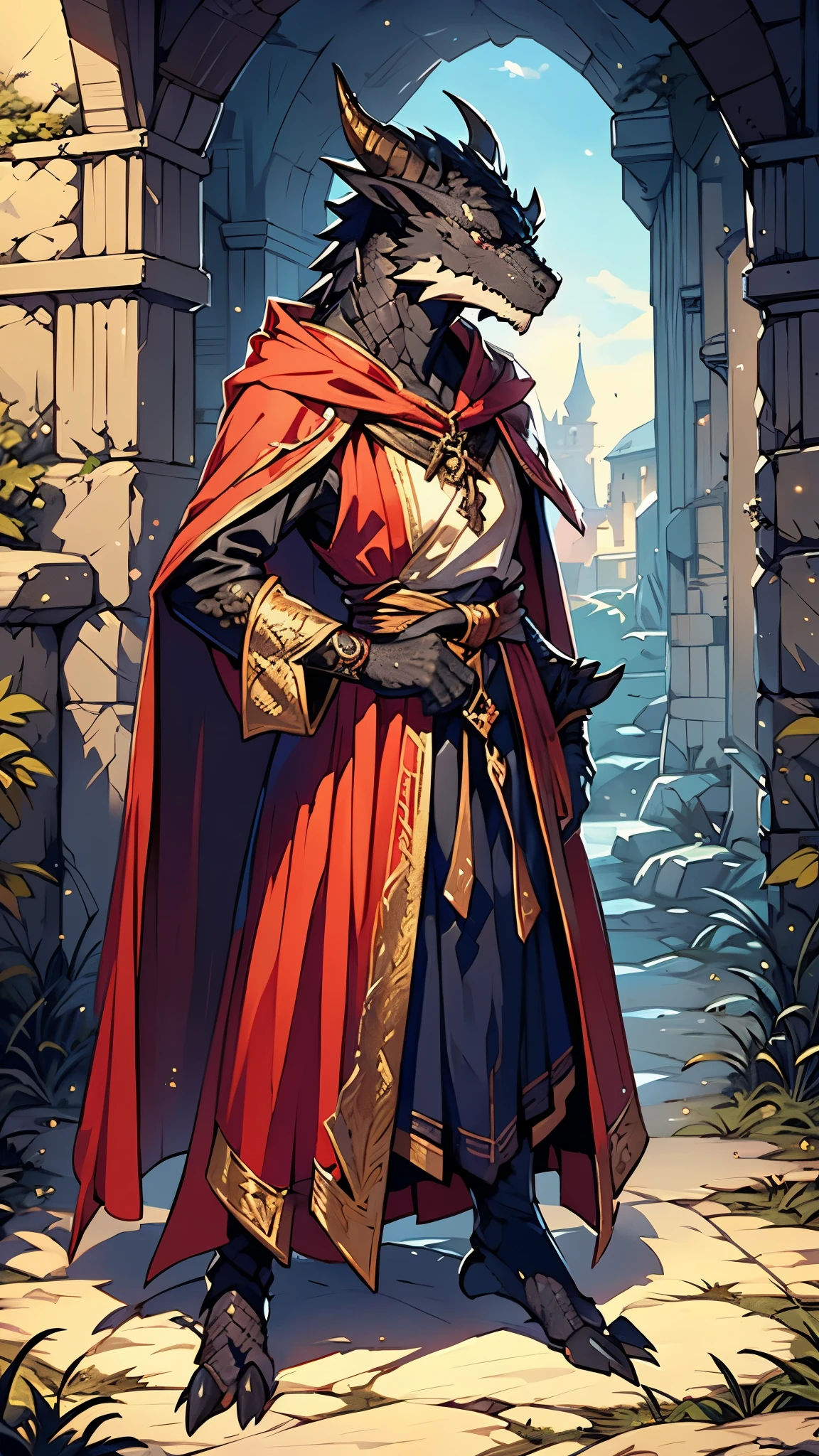 masterpiece, (1man), extremely detailed female character, full body shot, best quality, dnd, dungeons and dragons, (pointy ears), (black dragonborn, anthro, horns), medieval era, fantasy clothes, anime style, (medieval fantasy armor, robe, hat)