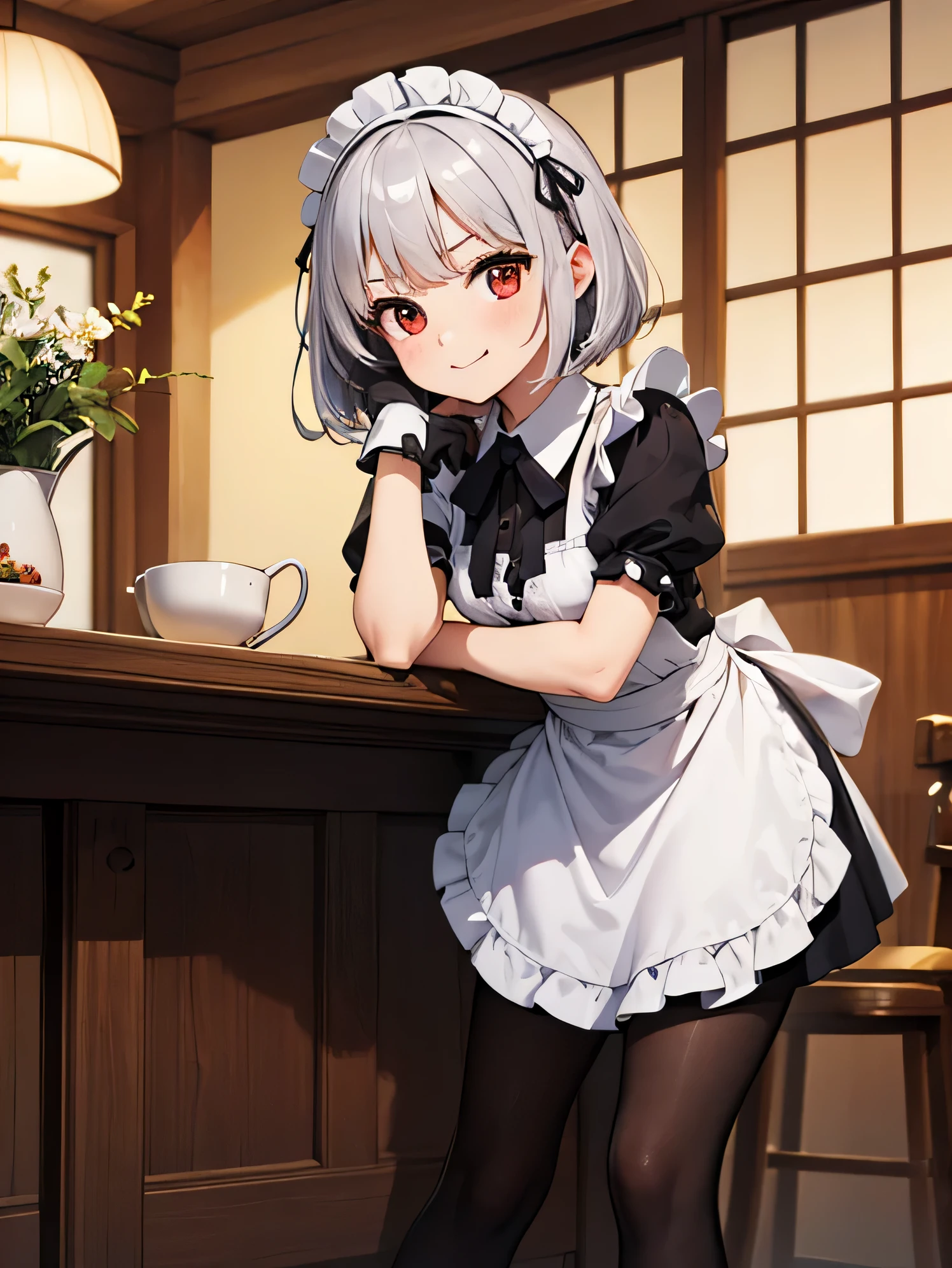 (masterpiece, highest quality),1 girl, medium bob hair,bangs,silver hair,shiny hair,shoulder length,slanted eyes,red eyes,black gloves,With a small physique,He is short,black pantyhose,low length,light smile,Maid clothes,leaning forward,crossed arms,put your index finger to your mouth,Mysterious,no exposed legs,small breasts,,delicate,Upper grades,coffee shop,courtyard with flowers
