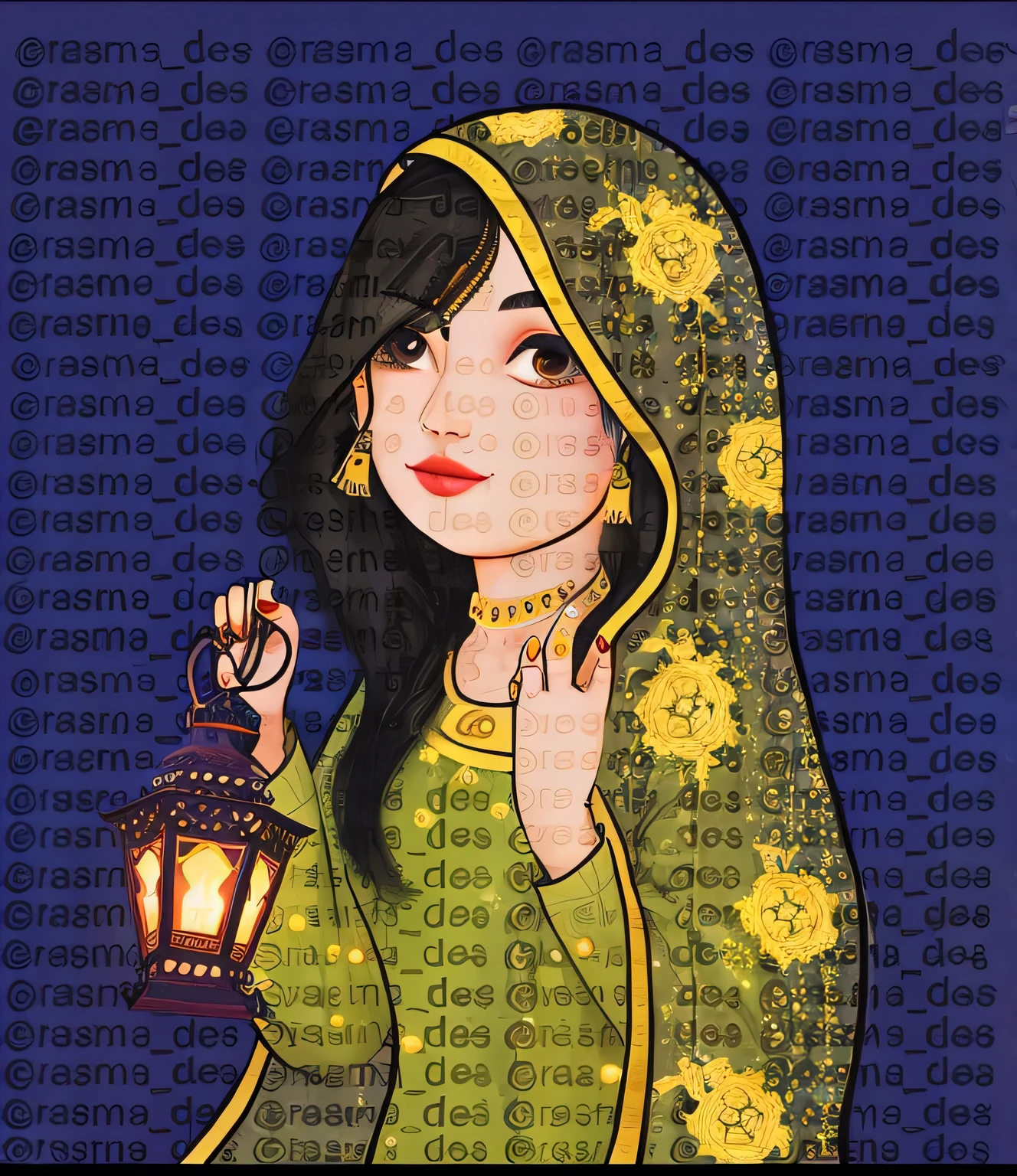 a close up of a woman holding a lantern in her hand, girl under lantern, inspired by Ambreen Butt, persian folkore artstyle, inspired by Riza Abbasi, desna, holding a lantern, persian folklore illustration, inspired by Abdur Rahman Chughtai, inspired by Lubna Agha, matte digital illustration, persian folkore illustration
