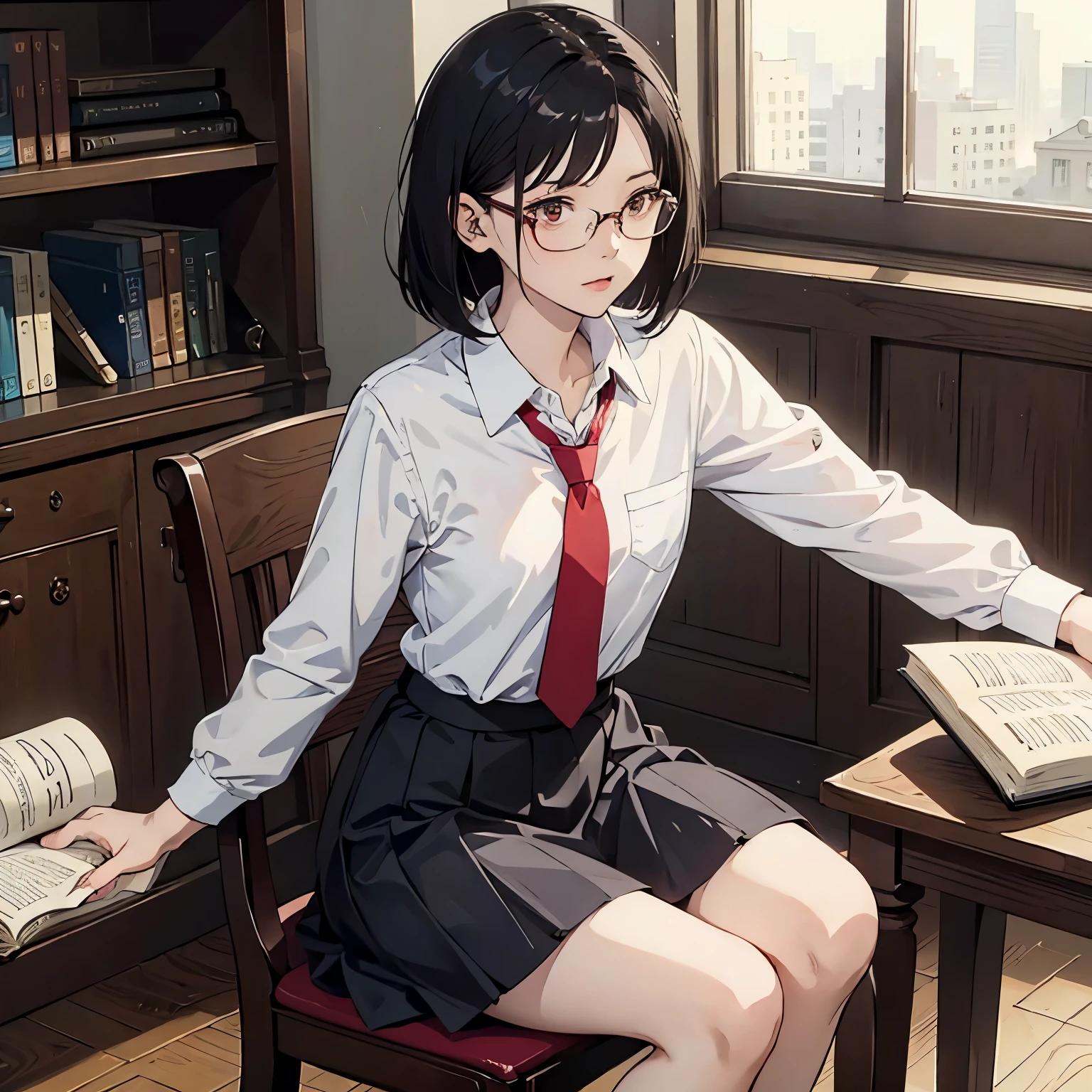 { masterpiece: best quality } { school theme } { background = in a library : books } { Character = Dahyun : fit body : short dark bob hair with straight bang : wearing glasses : white collar shirt : red tie : black skirt } { Sitting on a chair : studying : serious face k