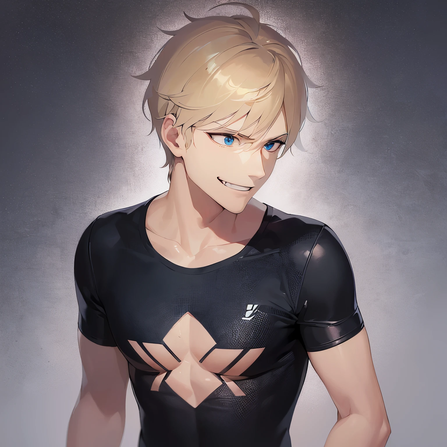 side angle, masterpiece、high quality、(looking away:1.5), 25 year old male with short blonde hair and blue eyes、wearing a black T-shirt、(Alone:1.5)、(evil smile:1.5)、(Only the upper body is shown.:1.3)、Background outside