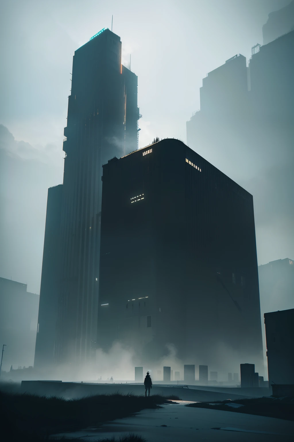 There is a tall Soviet-style building, a relic of Alessio Albi's brutalist designs, nested on the side of a mountain. The dystopian atmosphere clings to it, as if it were a forlorn sentinel from a distant, uncanny world. The brutalist buildings tower over with their monolithic mass, casting long, ominous shadows upon the landscape.
This scene unfolds in the art style of Filip Hodas, with each line and angle exuding the raw, unyielding energy of brutalist fantasy. The architecture, stark yet intimately human, possesses an eerie allure, reminiscent of the edifices of an alien