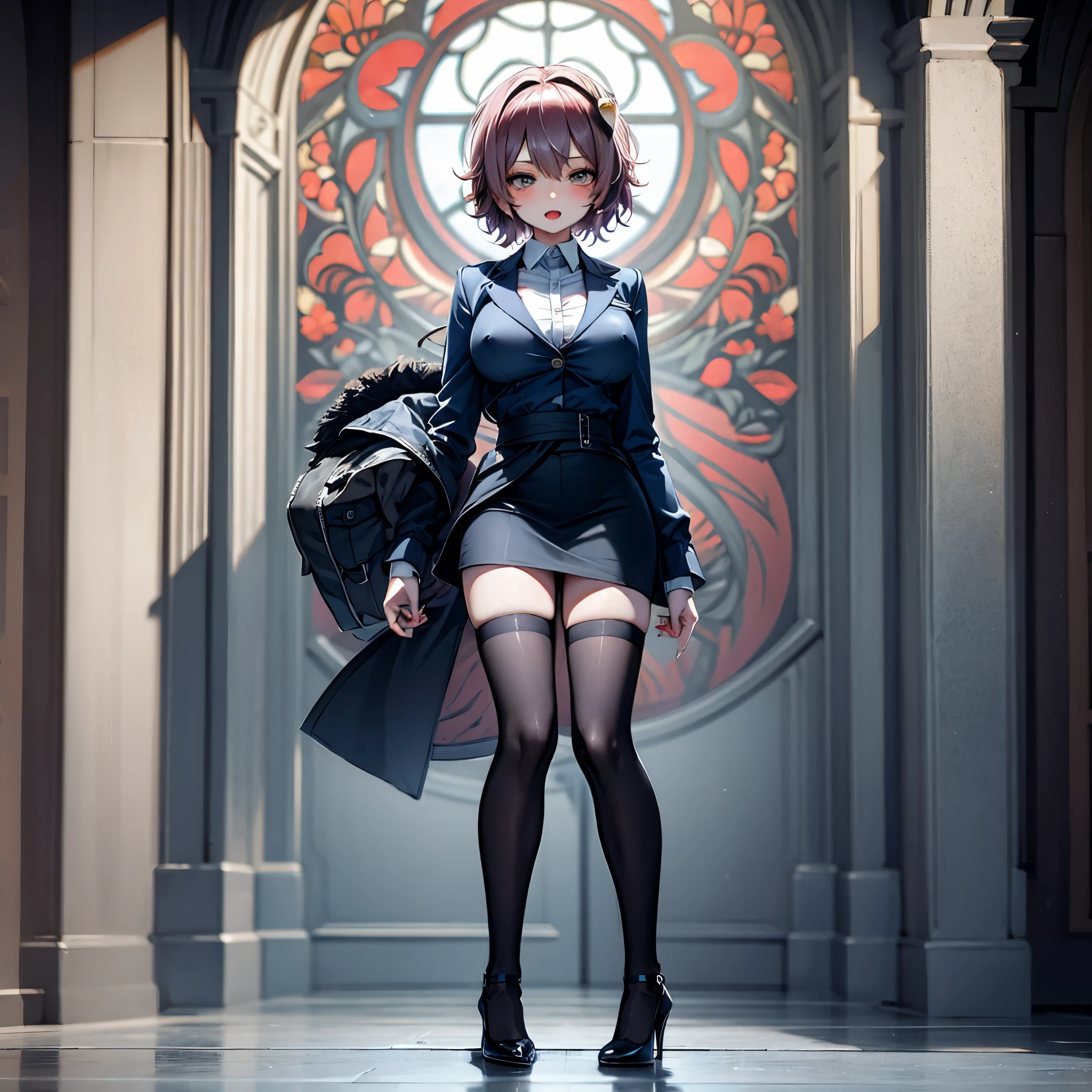 (Satori toho character:1.1), (solo), (standing), (stained glass), BREAK, short hair, (large perky breasts), (inconceivably short torso), (inconceivably thin waist:1.2), (very long legs), BREAK, (black blazer:1.3), (black thighhighs:1.35), (very short black high-waist skirt:1.3) cinches waist too tight, (highheels), BREAK, nose blush, sad smile, open mouth, BREAK, masterpiece, ultra-detailed, full body