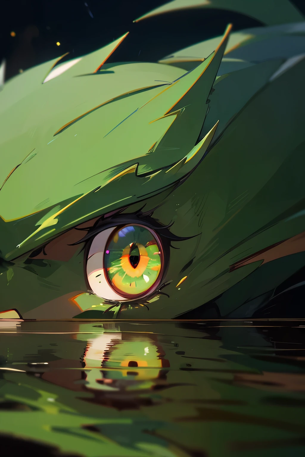 the green dragon's eye looks at the solute, reflection of fireworks in the eye, Close-up, night