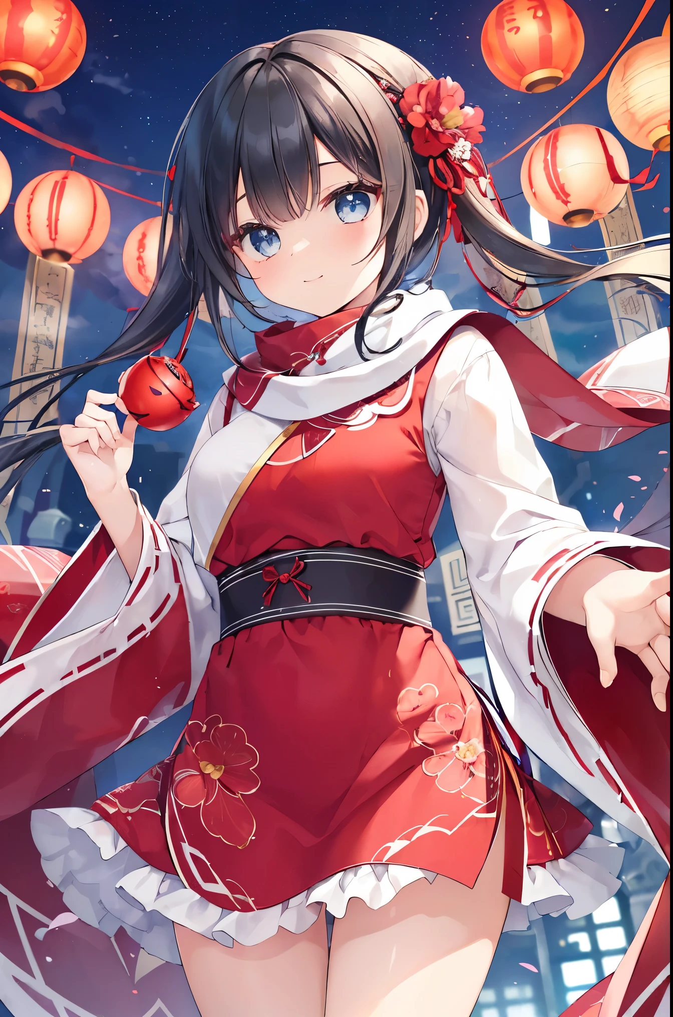  high quality，long black hair，Light blue eyes，White cheongsam decorated with red plum patterns，Red shawl with osmanthus pattern，Carrying a red lantern，jump with joy