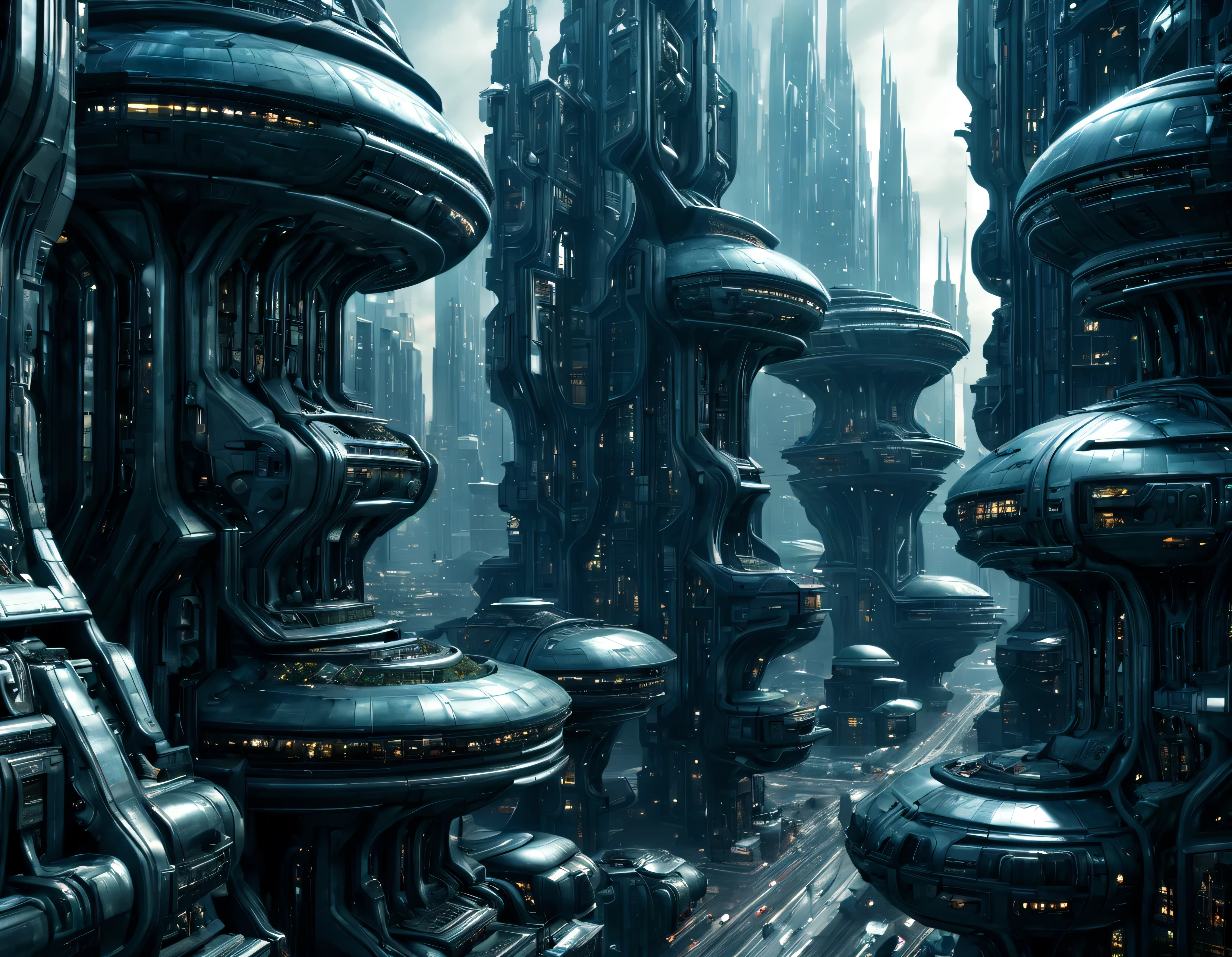 street of an extraterrestrial alien city with futuristic and technological architecture in its metal and glass conglomerado de buildings, some aliens walking around, ventanas iluminadas, all full of imagination, science fiction and (intrincados detalles de la maquina).imagen fotorrealista, Maximum sharpness, calidad 8k.(obra maestra de calidad superior). 3D.