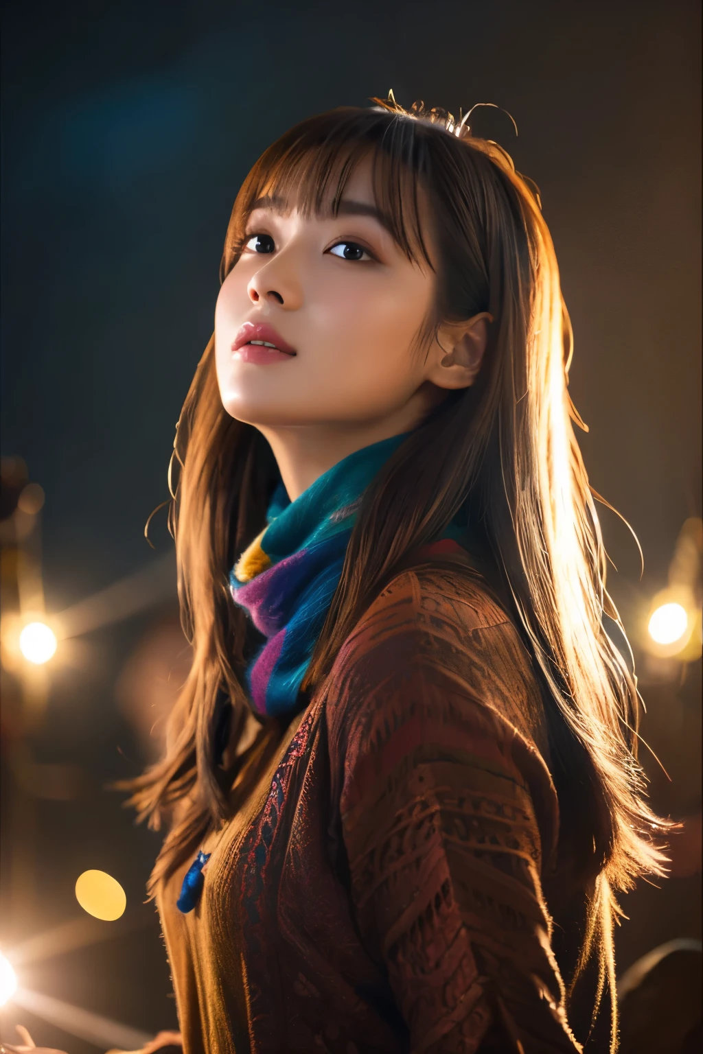 (RAW Photo, Best Quality), (Realistic, Photo Realistic: 1.3), Best Quality, Highly Detailed, Masterpiece, Ultra Detailed, Illustration, 1 Girl, upper_body, Dynamic Angle, Extremely Detailed CG Unified 8k Wallpaper, Ink, Amazing, Movie upper_body, Dynamic Angle, World Mastery Theater, messy_long_hair, Best Quality, Extremely Detailed CG Unified 8k Wallpaper, Ink, Amazing, Movie Lights, lens_flare, dunhuang_style, Detailed Face, Beautiful Rendering of Tang Dynasty, (Deliberate expression: 1. 5), Standing in a flower field, (Looking up at the stars: 1.2), Fireflies, Scarf floating , sony master shot, woman posing for photo in front of tv, inspired by Fei Danxu, brown hair and bangs, hi-res screenshot, nicovideo, normal hands, vivid colors, full face shot of limur tempest, nice studio lighting, vhs screenshot, beautiful fine face
